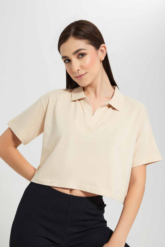 Redtag-Beige-Cropped-Polo-Shirt-Category:T-Shirts,-Colour:Beige,-Deals:New-In,-Filter:Women's-Clothing,-New-In-Women,-Non-Sale,-Section:Women,-W22O,-Women-T-Shirts-Women's-