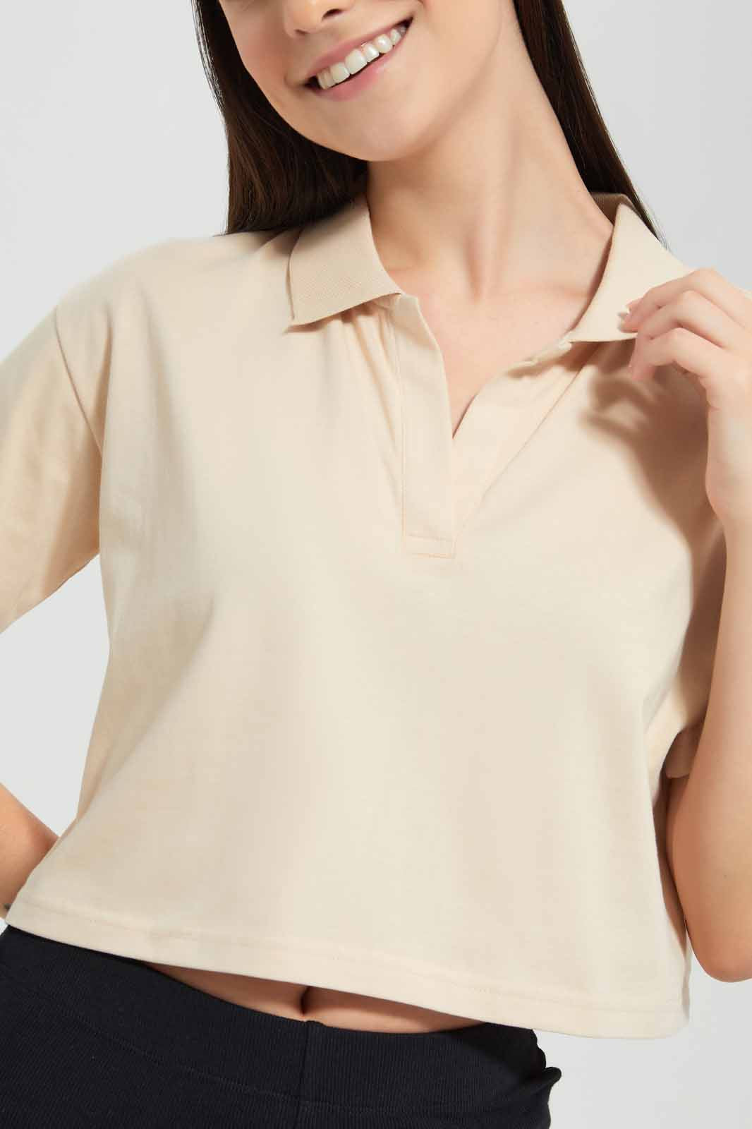 Redtag-Beige-Cropped-Polo-Shirt-Category:T-Shirts,-Colour:Beige,-Deals:New-In,-Filter:Women's-Clothing,-New-In-Women,-Non-Sale,-Section:Women,-W22O,-Women-T-Shirts-Women's-