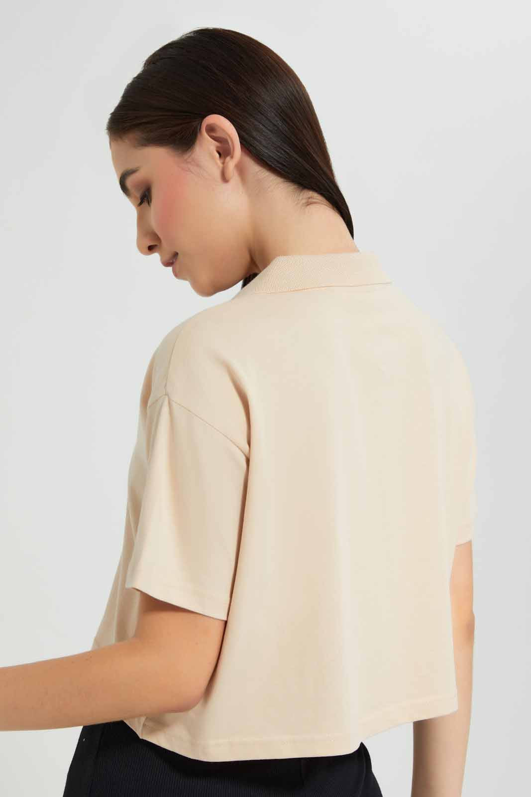 Redtag-Beige-Cropped-Polo-Shirt-Category:T-Shirts,-Colour:Beige,-Deals:New-In,-Filter:Women's-Clothing,-New-In-Women,-Non-Sale,-Section:Women,-W22O,-Women-T-Shirts-Women's-