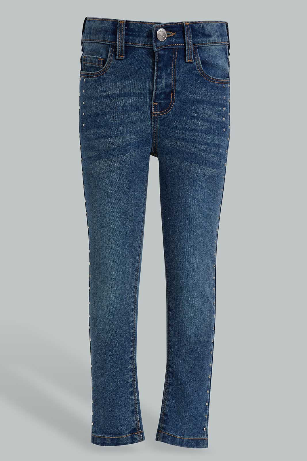 Redtag-Dark-Wash-Denim-Jeans-With-Side-Seam-Studs-Category:Jeans,-Colour:Black,-Deals:New-In,-Filter:Girls-(2-to-8-Yrs),-GIR-Jeans,-New-In-GIR-APL,-Non-Sale,-Section:Girls-(0-to-14Yrs),-W22O-Girls-2 to 8 Years