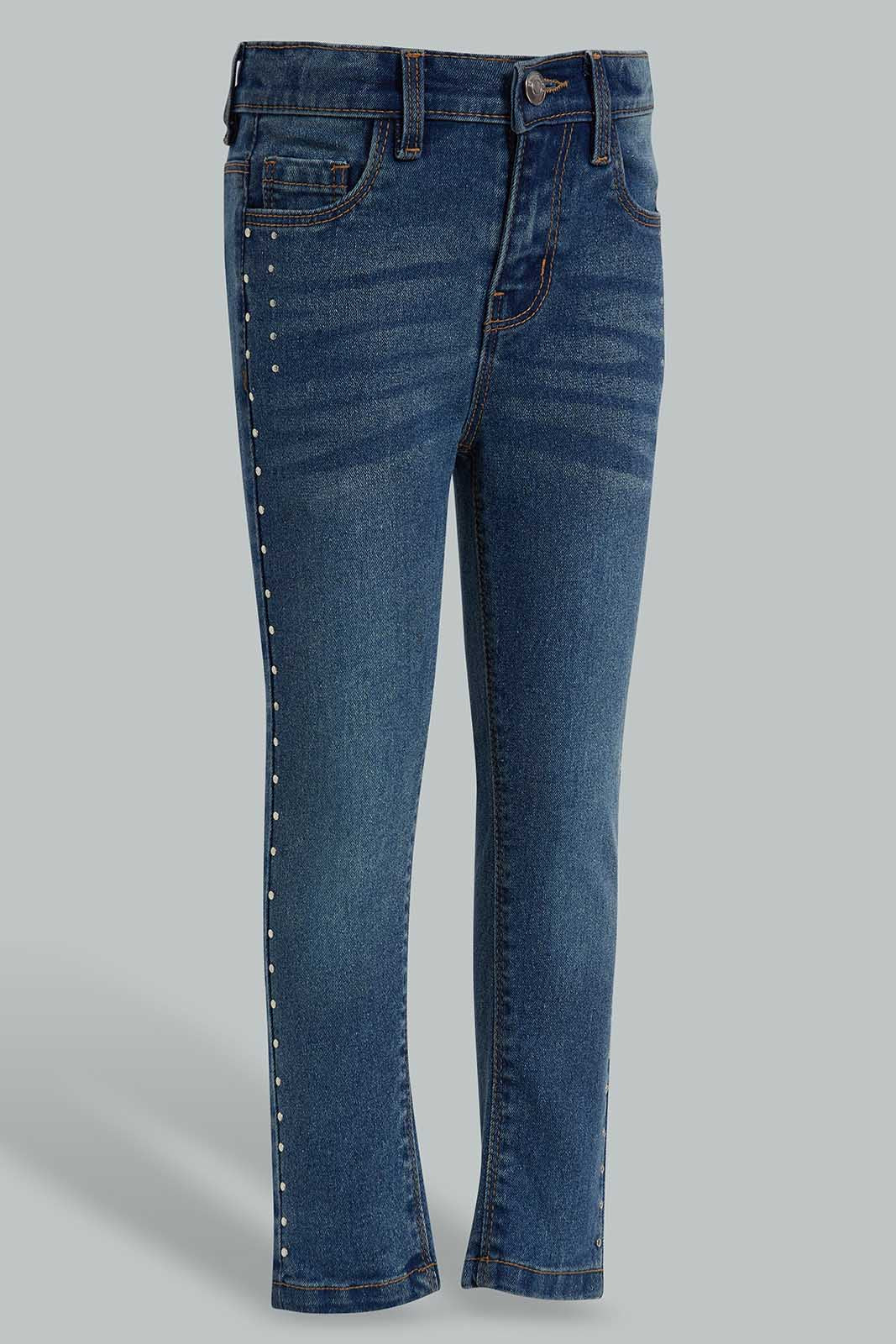 Redtag-Dark-Wash-Denim-Jeans-With-Side-Seam-Studs-Category:Jeans,-Colour:Black,-Deals:New-In,-Filter:Girls-(2-to-8-Yrs),-GIR-Jeans,-New-In-GIR-APL,-Non-Sale,-Section:Girls-(0-to-14Yrs),-W22O-Girls-2 to 8 Years
