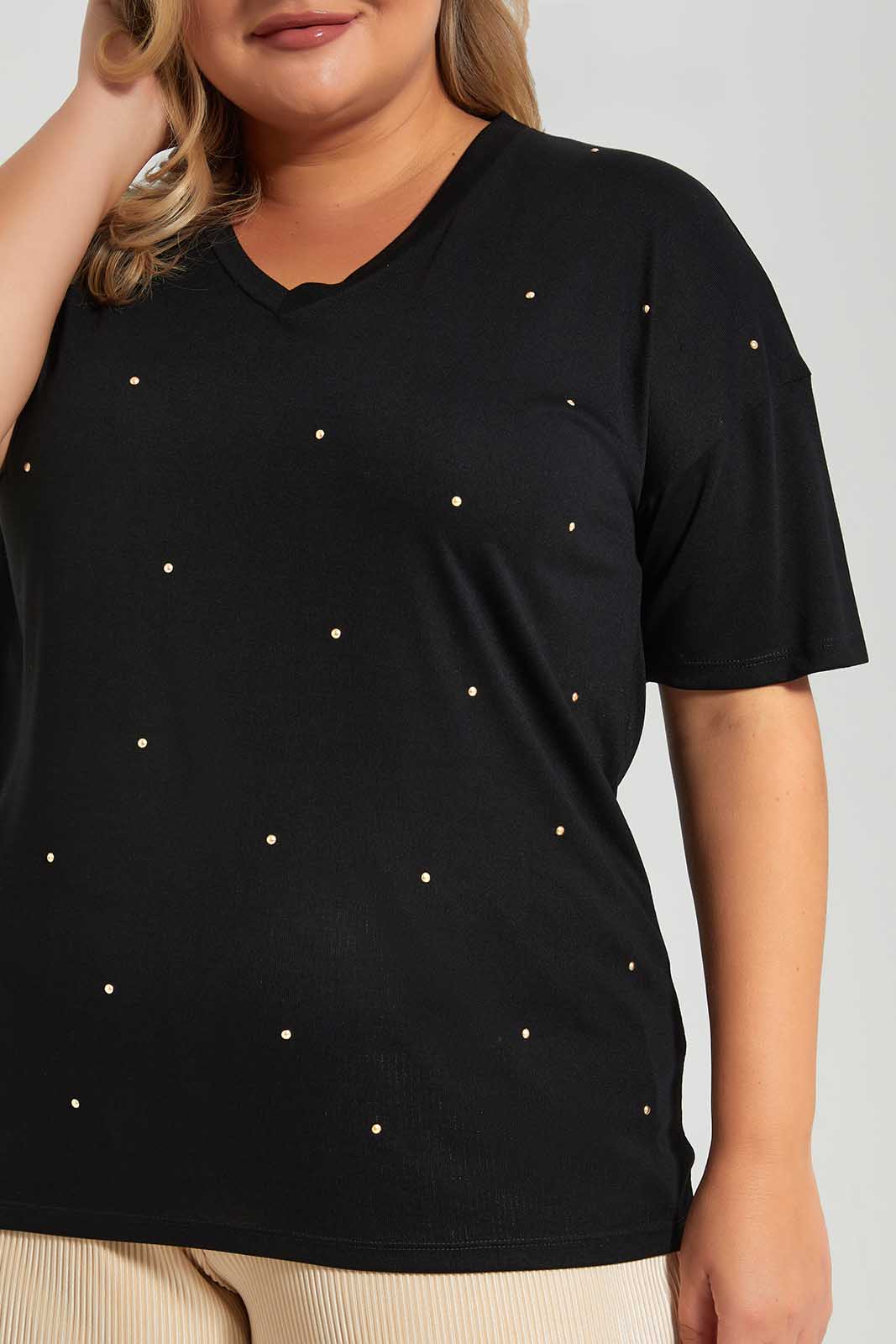 Redtag-Black-Allover-Studs-Tee-Category:Tops,-Colour:Black,-Deals:New-In,-Filter:Plus-Size,-LDP-Tops,-New-In-LDP-APL,-Non-Sale,-Section:Women,-W22O-Women's-