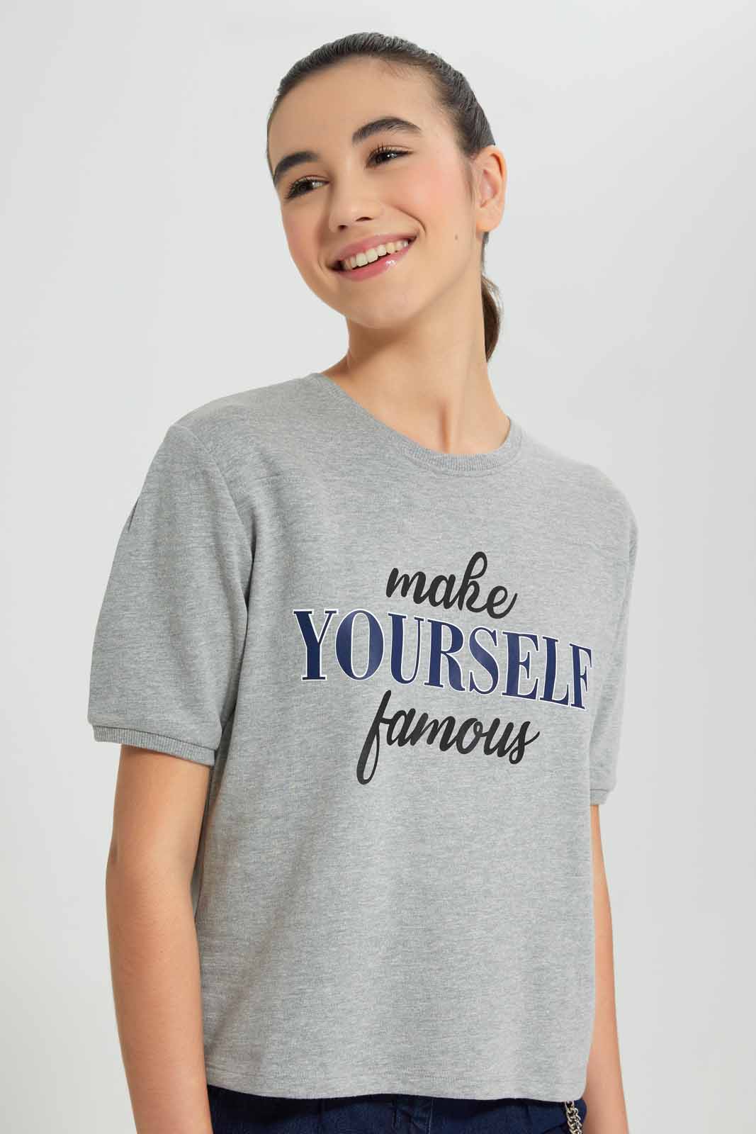 Redtag-Grey-Melange-Shortsleeve-Top-Category:T-Shirts,-Colour:Grey,-Deals:New-In,-Filter:Senior-Girls-(9-to-14-Yrs),-GSR-T-Shirts,-New-In-GSR-APL,-Non-Sale,-Section:Girls-(0-to-14Yrs),-TBL,-W22O-Senior-Girls-9 to 14 Years