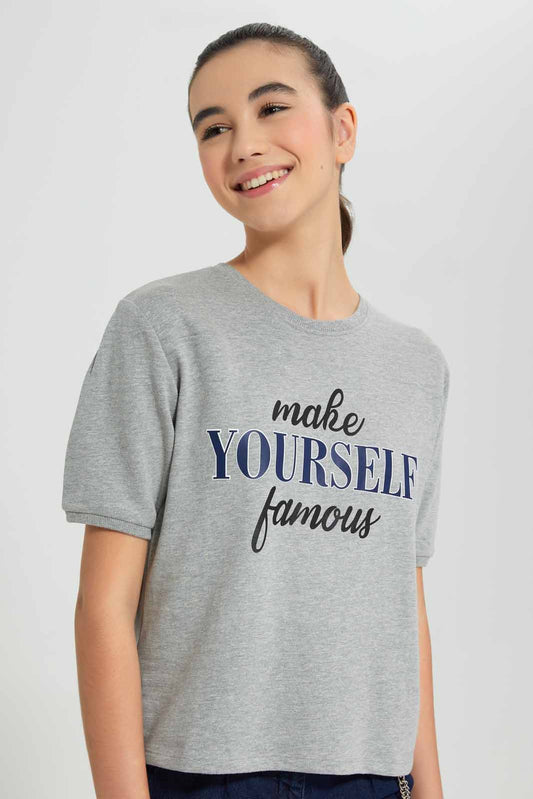 Redtag-Grey-Melange-Shortsleeve-Top-Category:T-Shirts,-Colour:Grey,-Deals:New-In,-Filter:Senior-Girls-(9-to-14-Yrs),-GSR-T-Shirts,-New-In-GSR-APL,-Non-Sale,-Section:Girls-(0-to-14Yrs),-TBL,-W22O-Senior-Girls-9 to 14 Years