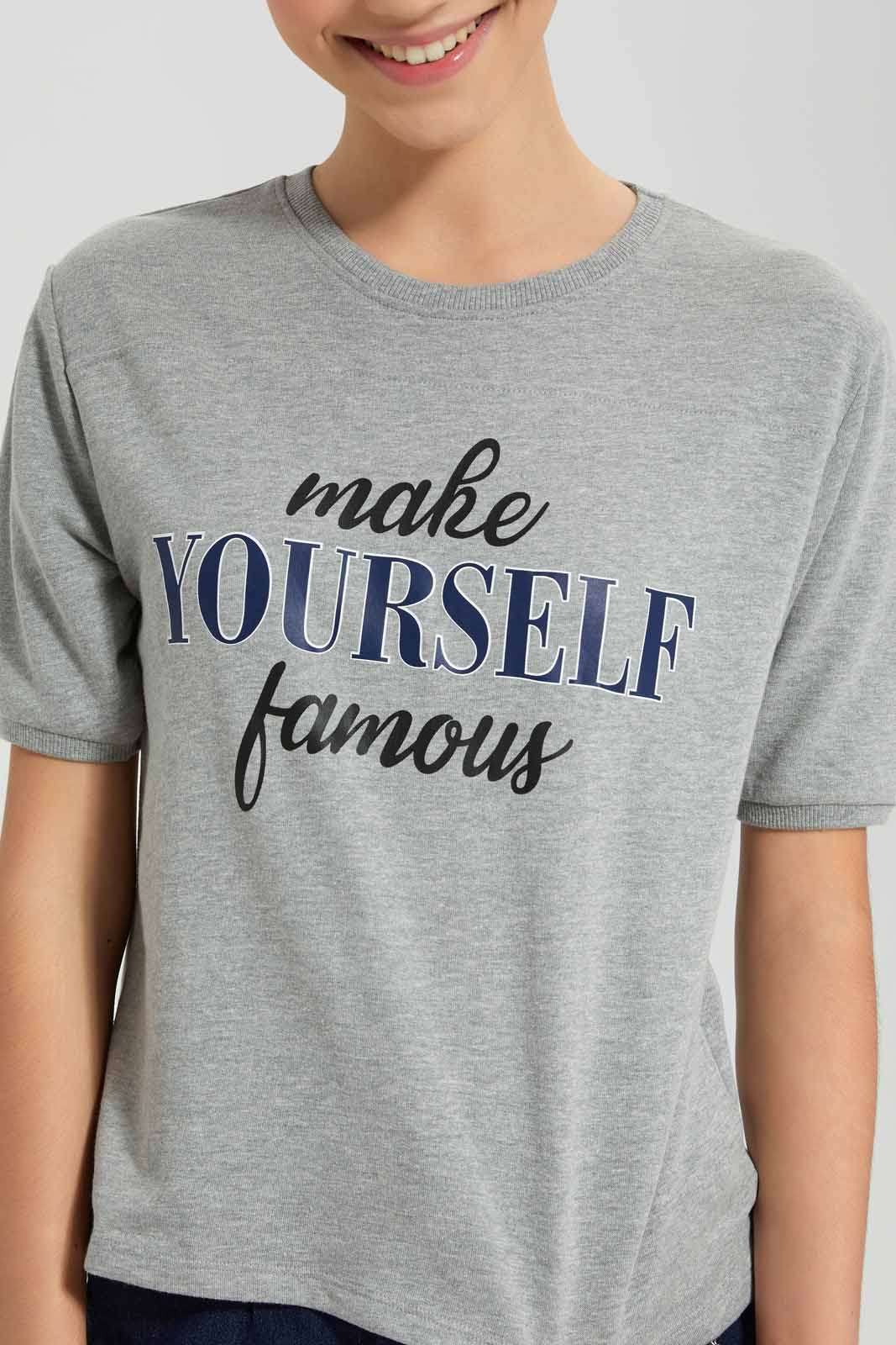 Redtag-Grey-Melange-Shortsleeve-Top-Category:T-Shirts,-Colour:Grey,-Deals:New-In,-Filter:Senior-Girls-(9-to-14-Yrs),-GSR-T-Shirts,-New-In-GSR-APL,-Non-Sale,-Section:Girls-(0-to-14Yrs),-TBL,-W22O-Senior-Girls-9 to 14 Years