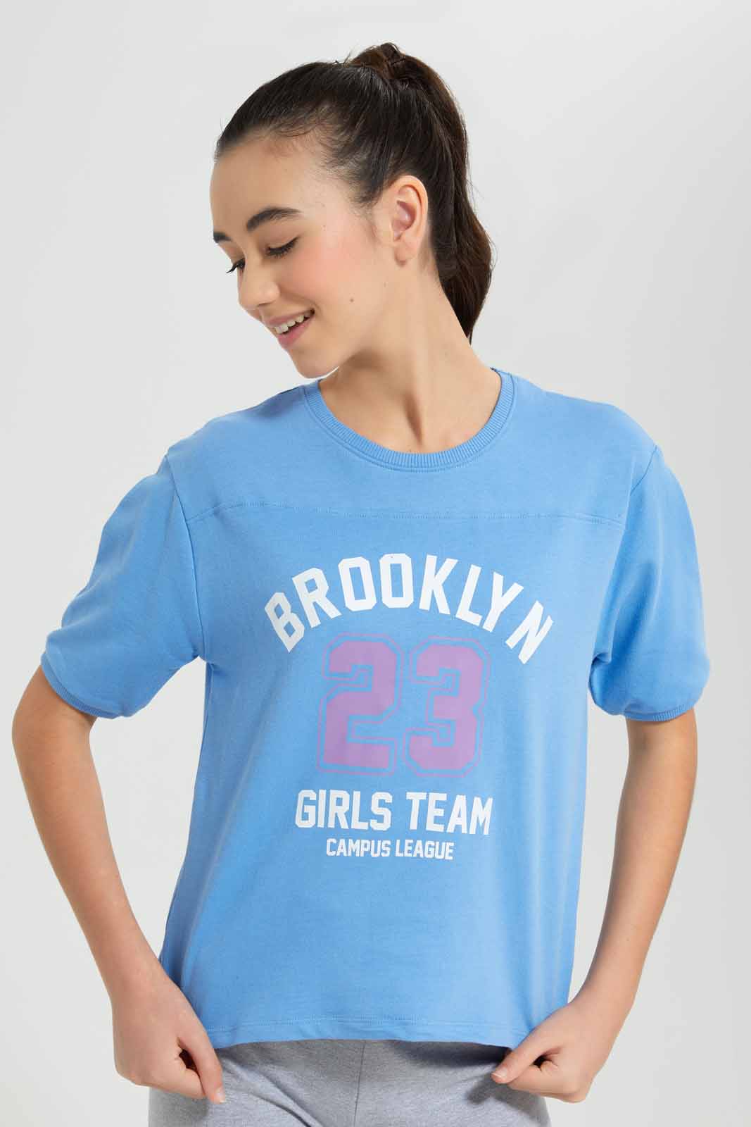 Redtag-Blue-Shortsleeve-Top-Category:T-Shirts,-Colour:Blue,-Deals:New-In,-Filter:Senior-Girls-(9-to-14-Yrs),-GSR-T-Shirts,-New-In-GSR-APL,-Non-Sale,-Section:Girls-(0-to-14Yrs),-TBL,-W22O-Senior-Girls-9 to 14 Years