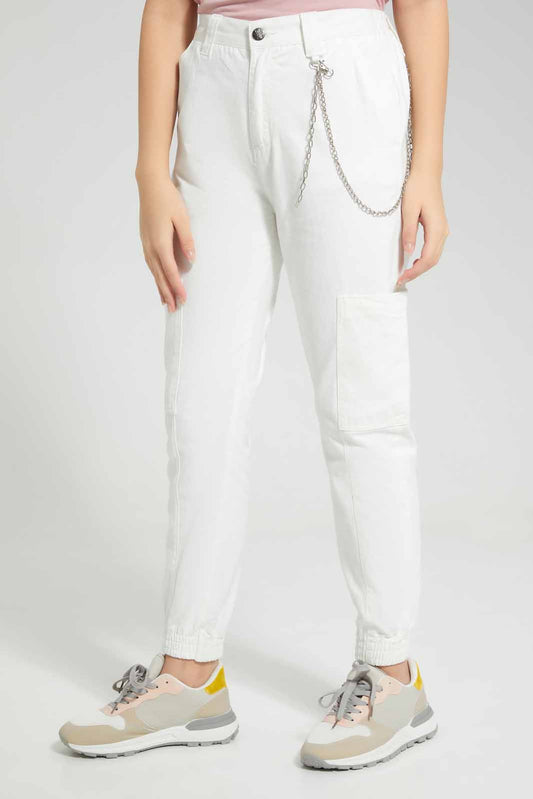 Redtag-White-Cargo-Pocket-With-Chain-Category:Trousers,-Colour:White,-Deals:New-In,-Filter:Senior-Girls-(8-to-14-Yrs),-GSR-Trousers,-New-In-GSR-APL,-Non-Sale,-Section:Girls-(0-to-14Yrs),-W22O-Senior-Girls-9 to 14 Years