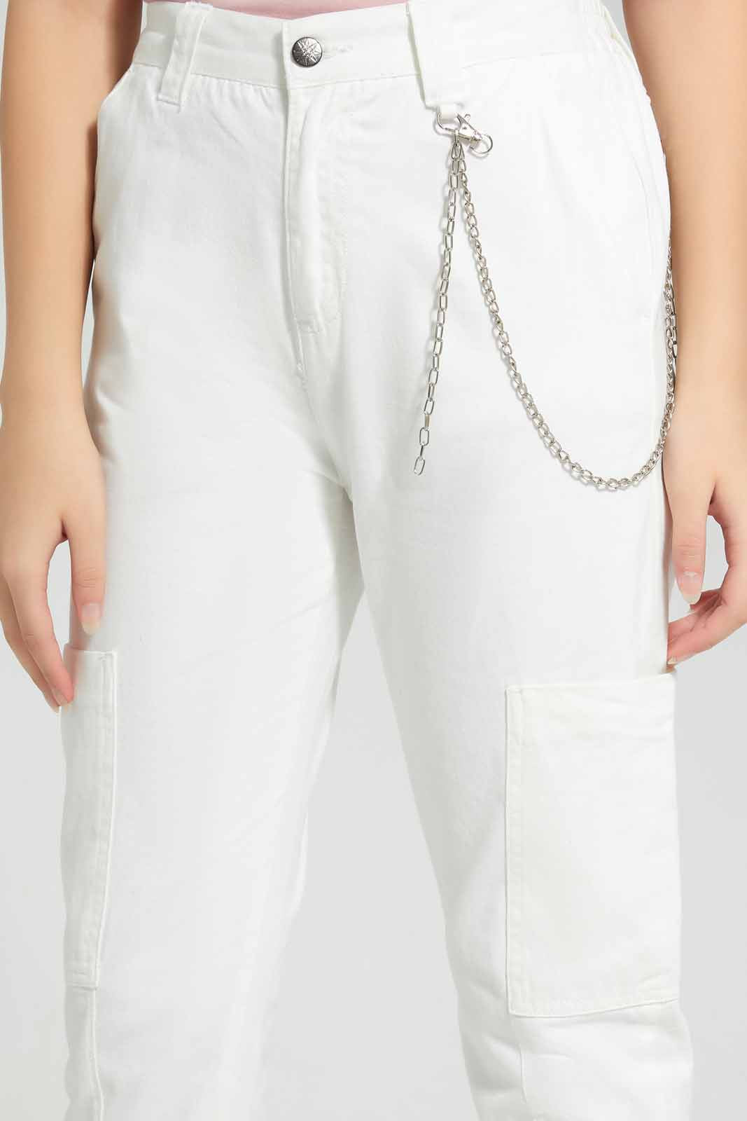 Redtag-White-Cargo-Pocket-With-Chain-Category:Trousers,-Colour:White,-Deals:New-In,-Filter:Senior-Girls-(8-to-14-Yrs),-GSR-Trousers,-New-In-GSR-APL,-Non-Sale,-Section:Girls-(0-to-14Yrs),-W22O-Senior-Girls-9 to 14 Years