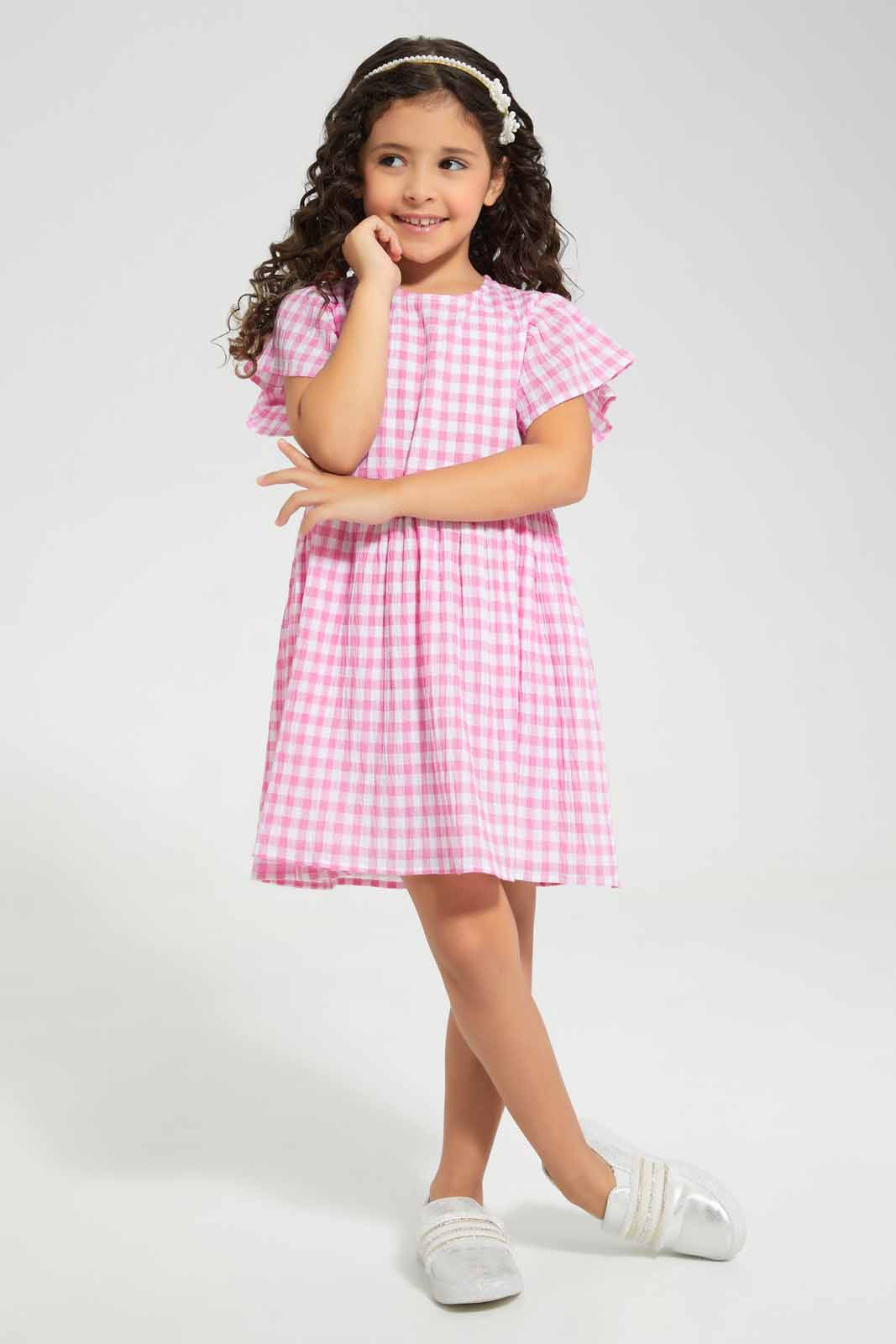 Redtag-Pink-Check-Dress-Category:Dresses,-Colour:Apricot,-Deals:New-In,-Filter:Girls-(2-to-8-Yrs),-GIR-Dresses,-New-In-GIR-APL,-Non-Sale,-Section:Girls-(0-to-14Yrs),-W22O-Girls-2 to 8 Years
