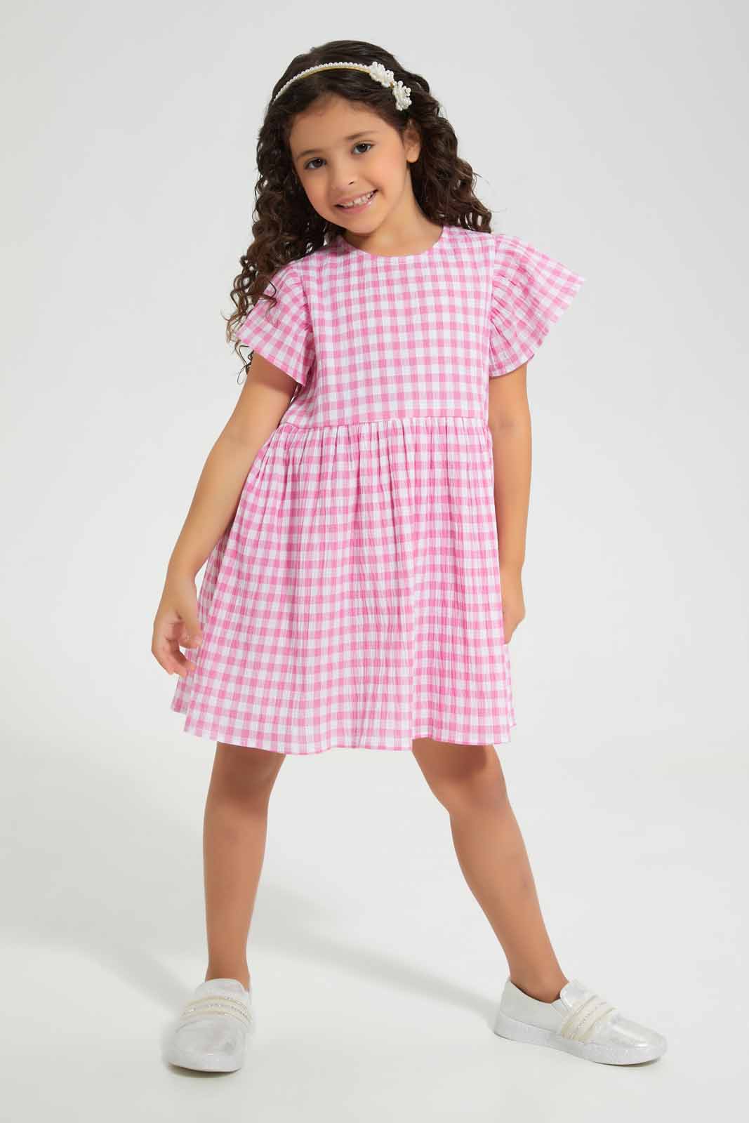 Redtag-Pink-Check-Dress-Category:Dresses,-Colour:Apricot,-Deals:New-In,-Filter:Girls-(2-to-8-Yrs),-GIR-Dresses,-New-In-GIR-APL,-Non-Sale,-Section:Girls-(0-to-14Yrs),-W22O-Girls-2 to 8 Years