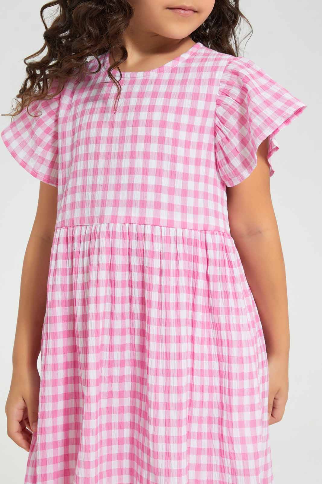 Redtag-Pink-Check-Dress-Category:Dresses,-Colour:Apricot,-Deals:New-In,-Filter:Girls-(2-to-8-Yrs),-GIR-Dresses,-New-In-GIR-APL,-Non-Sale,-Section:Girls-(0-to-14Yrs),-W22O-Girls-2 to 8 Years