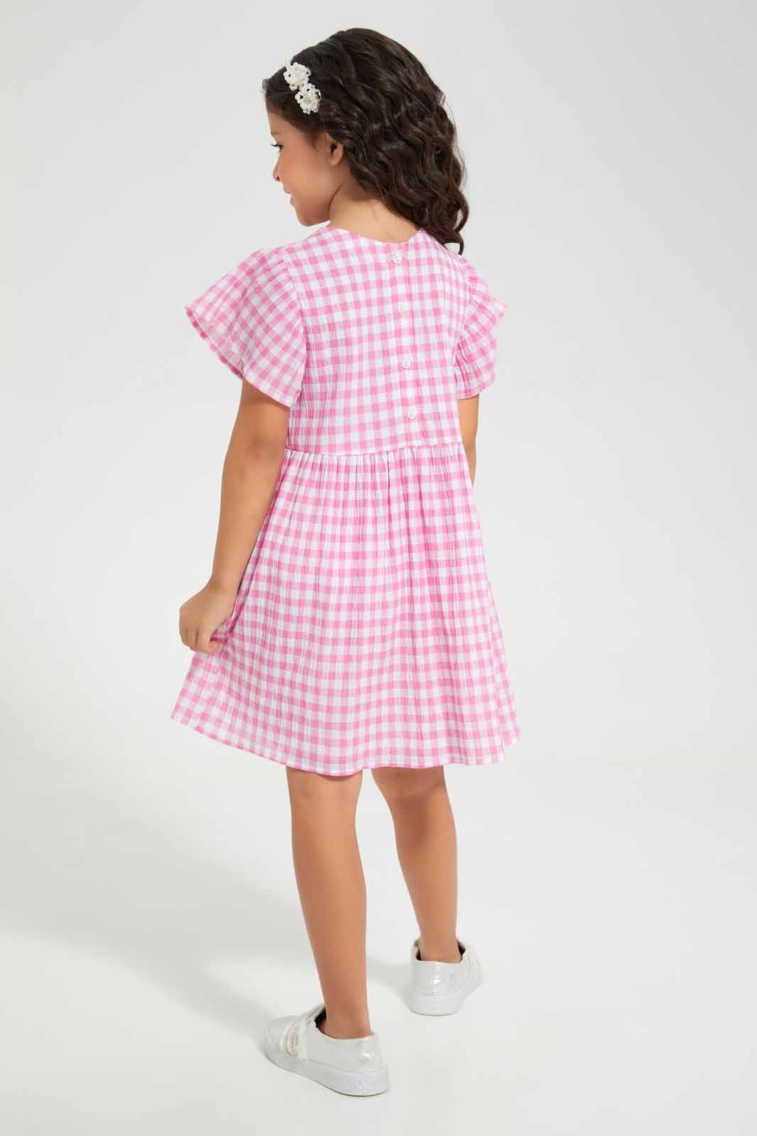 Redtag-Pink-Check-Dress-Category:Dresses,-Colour:Apricot,-Deals:New-In,-Filter:Girls-(2-to-8-Yrs),-GIR-Dresses,-New-In-GIR-APL,-Non-Sale,-Section:Girls-(0-to-14Yrs),-W22O-Girls-2 to 8 Years