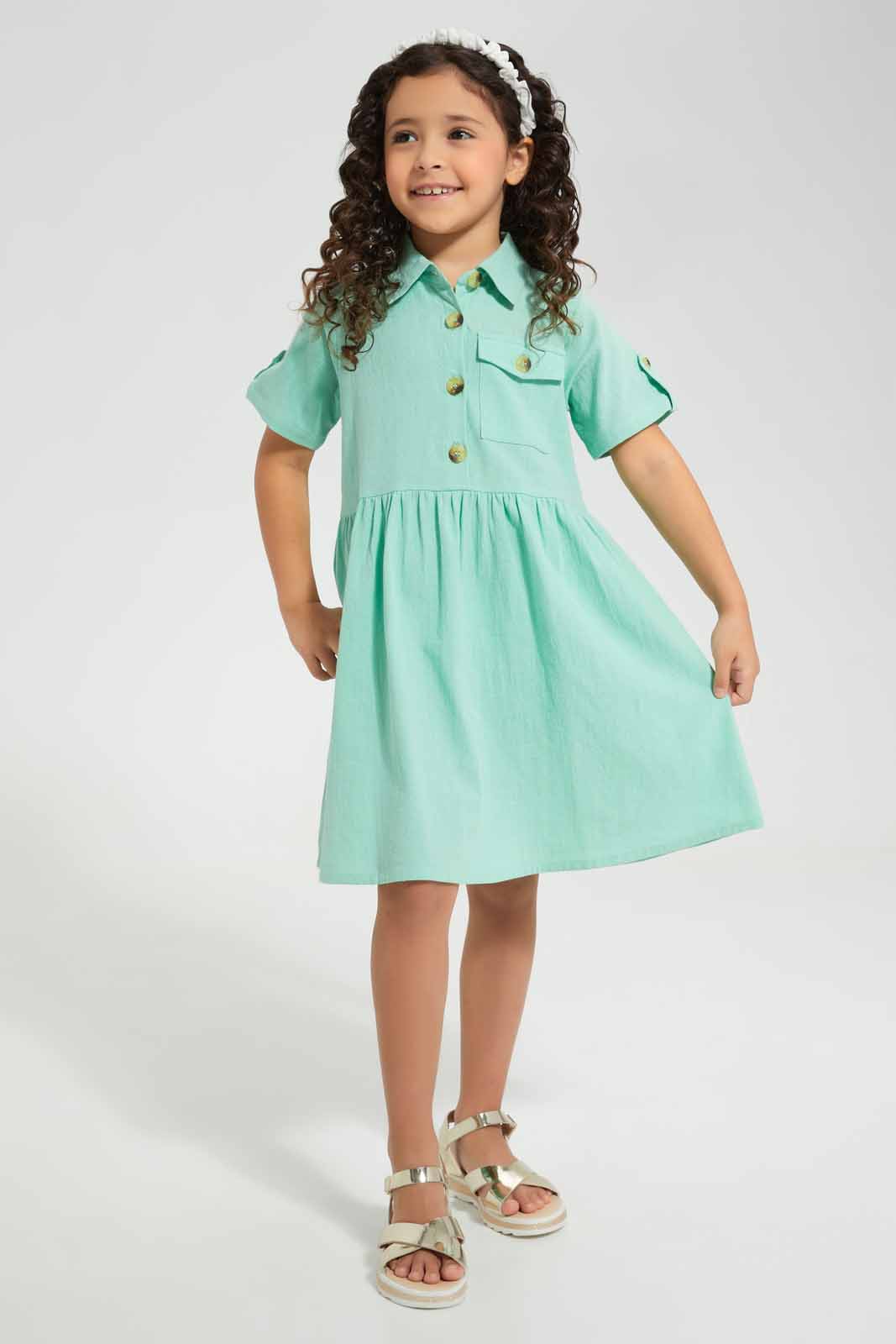 Redtag-Green-Shirt-Collar-Dress-Category:Dresses,-Colour:Green,-Deals:New-In,-Filter:Girls-(2-to-8-Yrs),-GIR-Dresses,-New-In-GIR-APL,-Non-Sale,-Section:Girls-(0-to-14Yrs),-W22O-Girls-2 to 8 Years