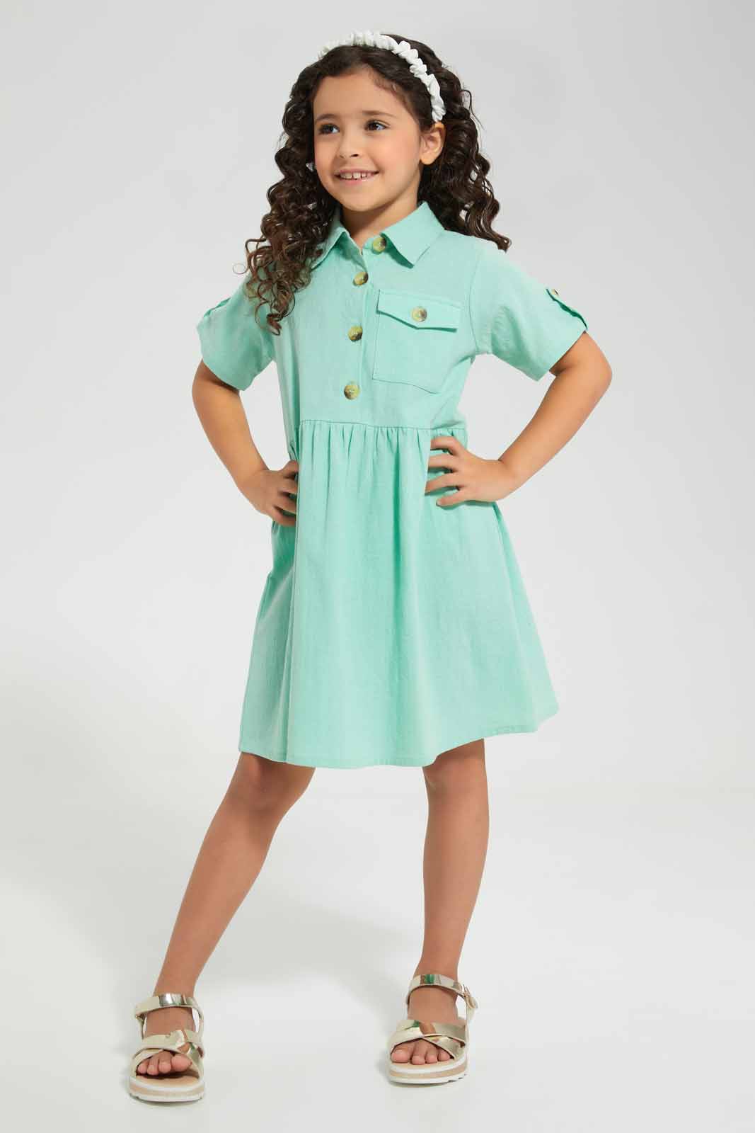 Redtag-Green-Shirt-Collar-Dress-Category:Dresses,-Colour:Green,-Deals:New-In,-Filter:Girls-(2-to-8-Yrs),-GIR-Dresses,-New-In-GIR-APL,-Non-Sale,-Section:Girls-(0-to-14Yrs),-W22O-Girls-2 to 8 Years