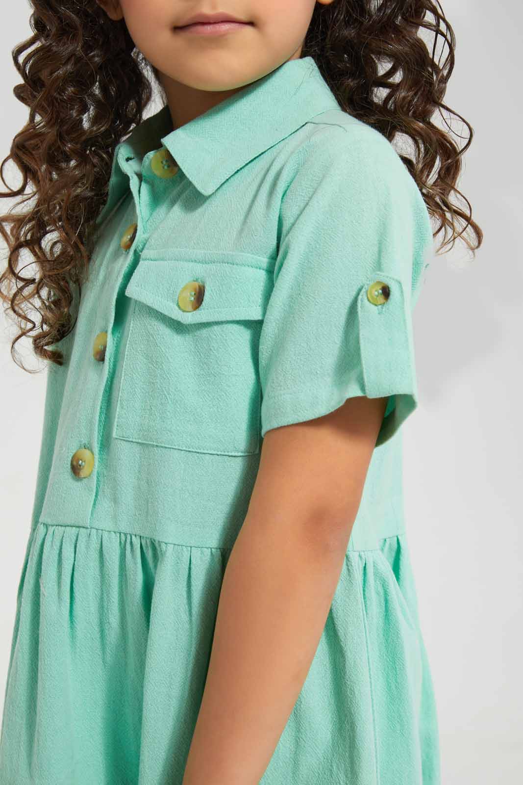 Redtag-Green-Shirt-Collar-Dress-Category:Dresses,-Colour:Green,-Deals:New-In,-Filter:Girls-(2-to-8-Yrs),-GIR-Dresses,-New-In-GIR-APL,-Non-Sale,-Section:Girls-(0-to-14Yrs),-W22O-Girls-2 to 8 Years
