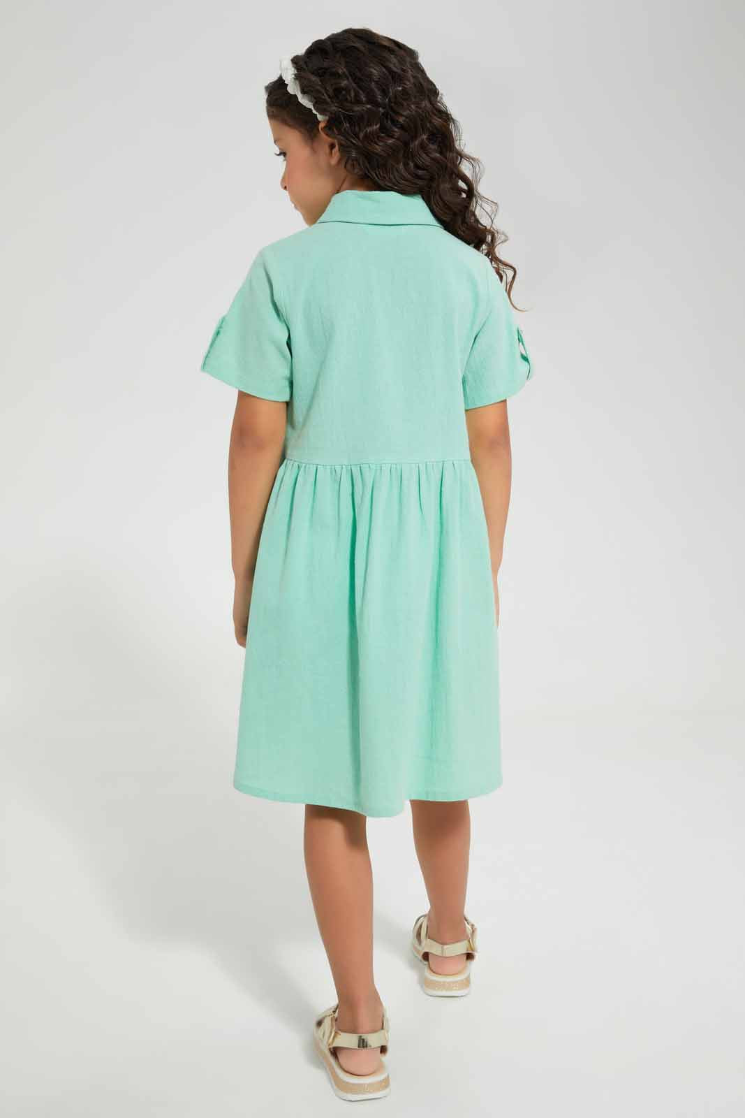 Redtag-Green-Shirt-Collar-Dress-Category:Dresses,-Colour:Green,-Deals:New-In,-Filter:Girls-(2-to-8-Yrs),-GIR-Dresses,-New-In-GIR-APL,-Non-Sale,-Section:Girls-(0-to-14Yrs),-W22O-Girls-2 to 8 Years