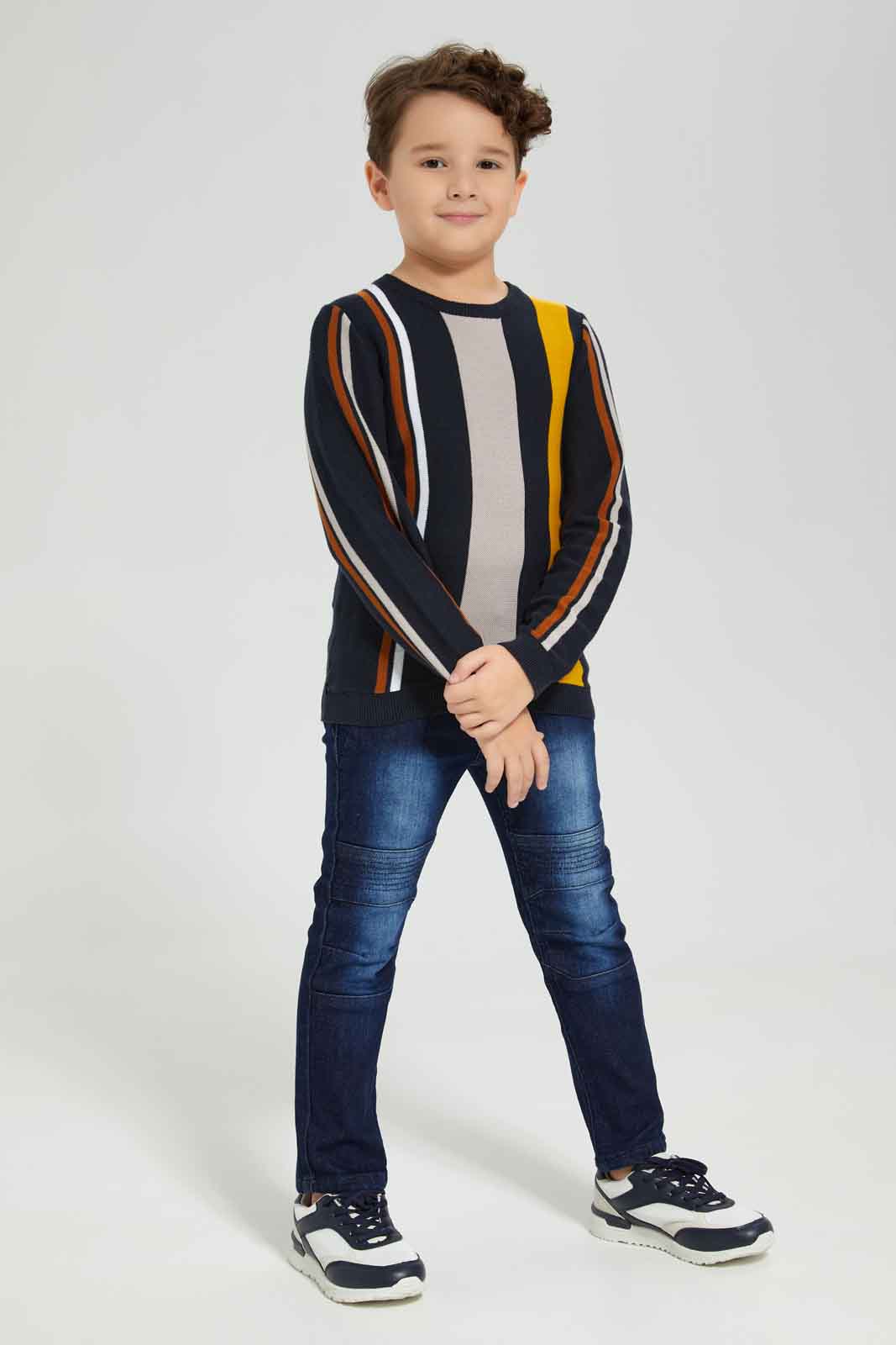 Redtag-Navy-Vertical-Stripe-Crew-Neck-Jumper-BOY-Pullovers,-Category:Pullovers,-Colour:Navy,-Deals:New-In,-Dept:Boys,-Filter:Boys-(2-to-8-Yrs),-New-In-BOY-APL,-Non-Sale,-Section:Boys-(0-to-14Yrs),-W22A-Boys-2 to 8 Years