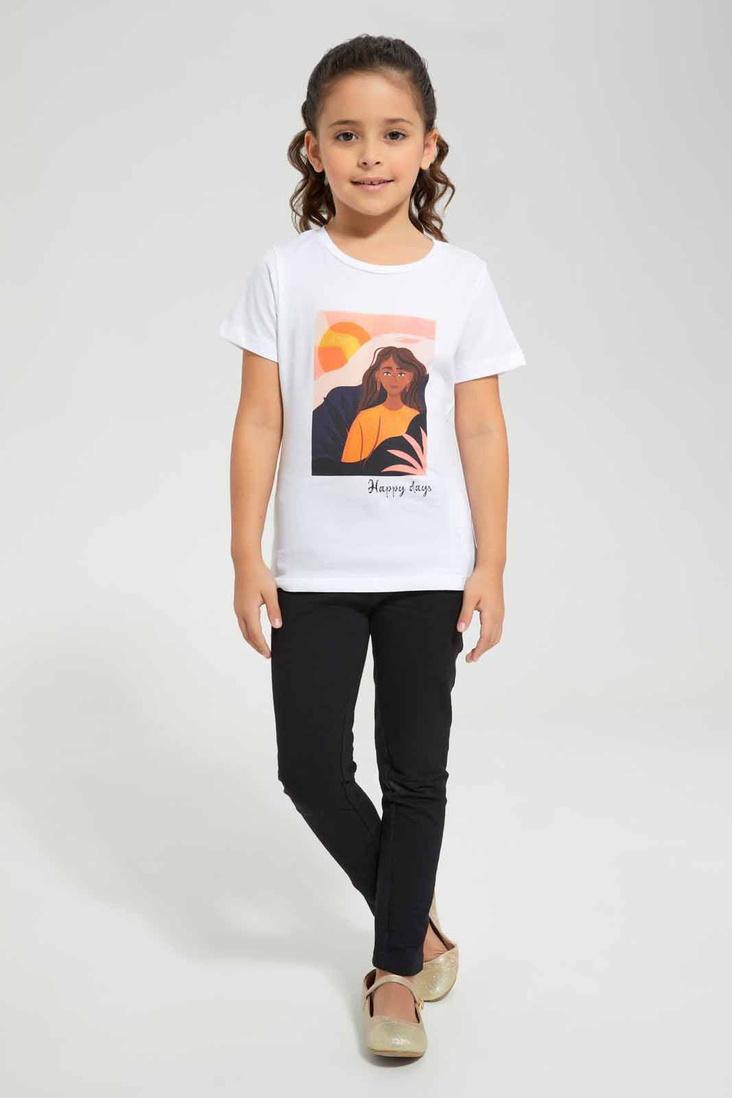 Redtag-White-Basic---Girl-Graphic-Tee-Category:T-Shirts,-Colour:White,-Deals:New-In,-Filter:Girls-(2-to-8-Yrs),-GIR-T-Shirts,-New-In-GIR-APL,-Non-Sale,-Section:Girls-(0-to-14Yrs),-TBL,-W22O-Girls-2 to 8 Years