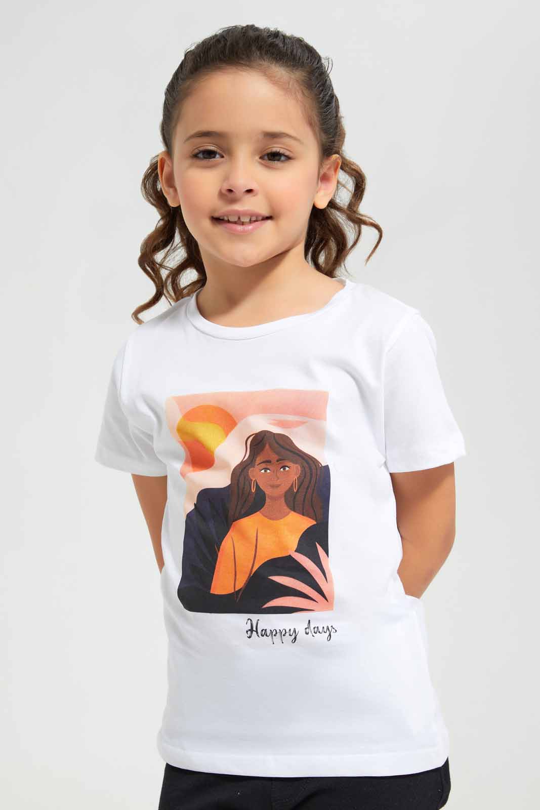 Redtag-White-Basic---Girl-Graphic-Tee-Category:T-Shirts,-Colour:White,-Deals:New-In,-Filter:Girls-(2-to-8-Yrs),-GIR-T-Shirts,-New-In-GIR-APL,-Non-Sale,-Section:Girls-(0-to-14Yrs),-TBL,-W22O-Girls-2 to 8 Years