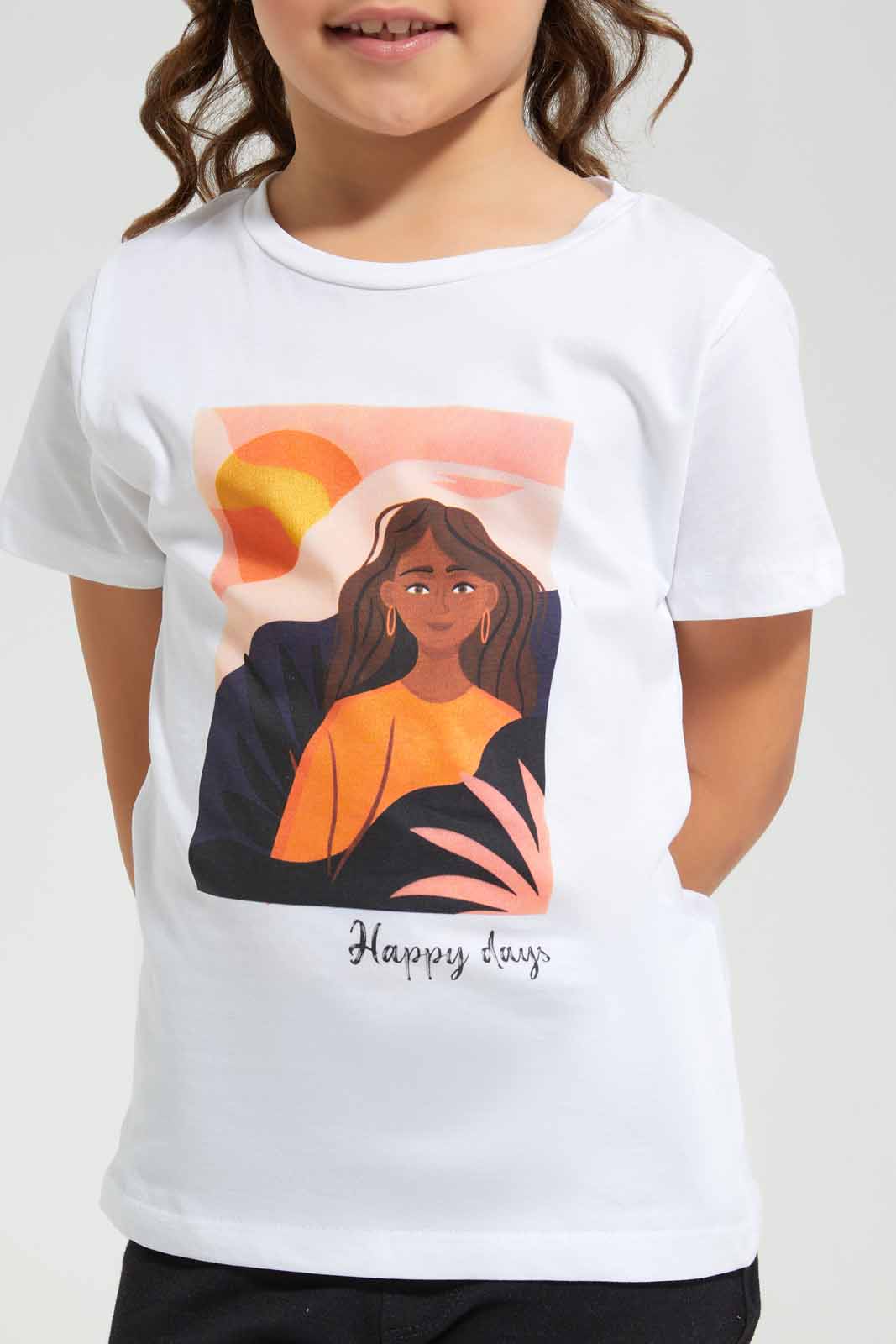 Redtag-White-Basic---Girl-Graphic-Tee-Category:T-Shirts,-Colour:White,-Deals:New-In,-Filter:Girls-(2-to-8-Yrs),-GIR-T-Shirts,-New-In-GIR-APL,-Non-Sale,-Section:Girls-(0-to-14Yrs),-TBL,-W22O-Girls-2 to 8 Years