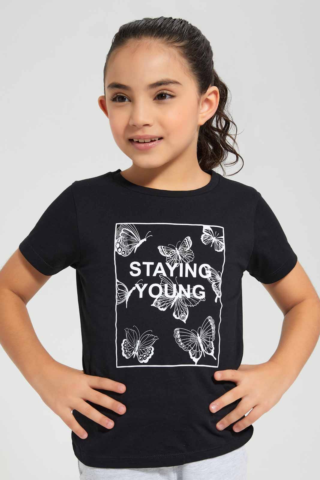 Redtag-Black-Basic-Butterfly-Placement-Category:T-Shirts,-Colour:Black,-Deals:New-In,-Filter:Girls-(2-to-8-Yrs),-GIR-T-Shirts,-New-In-GIR-APL,-Non-Sale,-Section:Girls-(0-to-14Yrs),-TBL,-W22O-Girls-2 to 8 Years