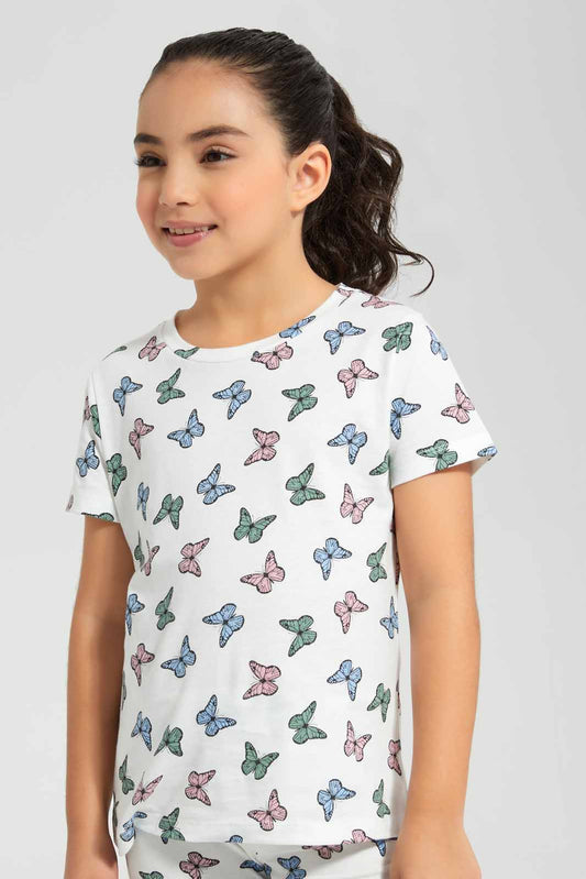 Redtag-Pink-Basic-Butterly-Aop-Tshirt-Category:T-Shirts,-Colour:Apricot,-Deals:New-In,-Filter:Girls-(2-to-8-Yrs),-GIR-T-Shirts,-New-In-GIR-APL,-Non-Sale,-Section:Girls-(0-to-14Yrs),-TBL,-W22O-Girls-2 to 8 Years