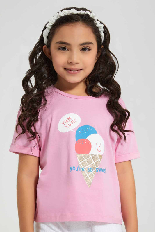 Redtag-Pink-Boxy-Tee--Ice-Cream-Placement-Category:T-Shirts,-Colour:Apricot,-Deals:New-In,-Filter:Girls-(2-to-8-Yrs),-GIR-T-Shirts,-New-In-GIR-APL,-Non-Sale,-Section:Girls-(0-to-14Yrs),-TBL,-W22O-Girls-2 to 8 Years