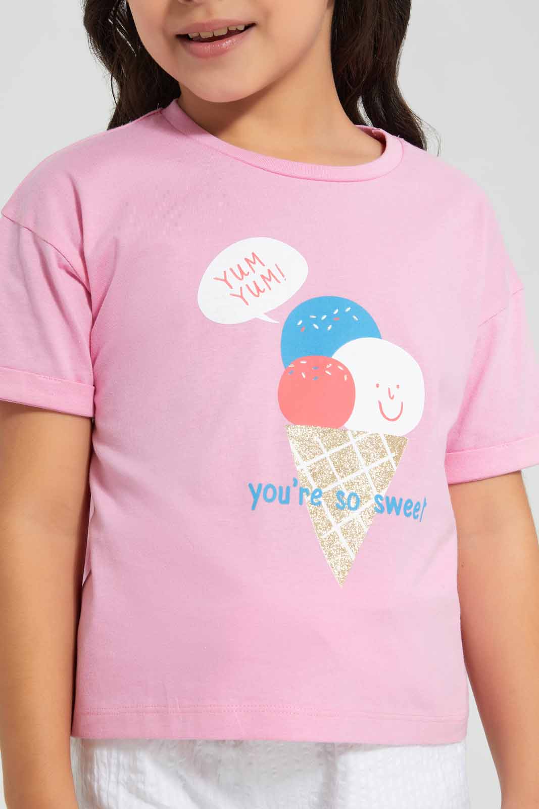 Redtag-Pink-Boxy-Tee--Ice-Cream-Placement-Category:T-Shirts,-Colour:Apricot,-Deals:New-In,-Filter:Girls-(2-to-8-Yrs),-GIR-T-Shirts,-New-In-GIR-APL,-Non-Sale,-Section:Girls-(0-to-14Yrs),-TBL,-W22O-Girls-2 to 8 Years