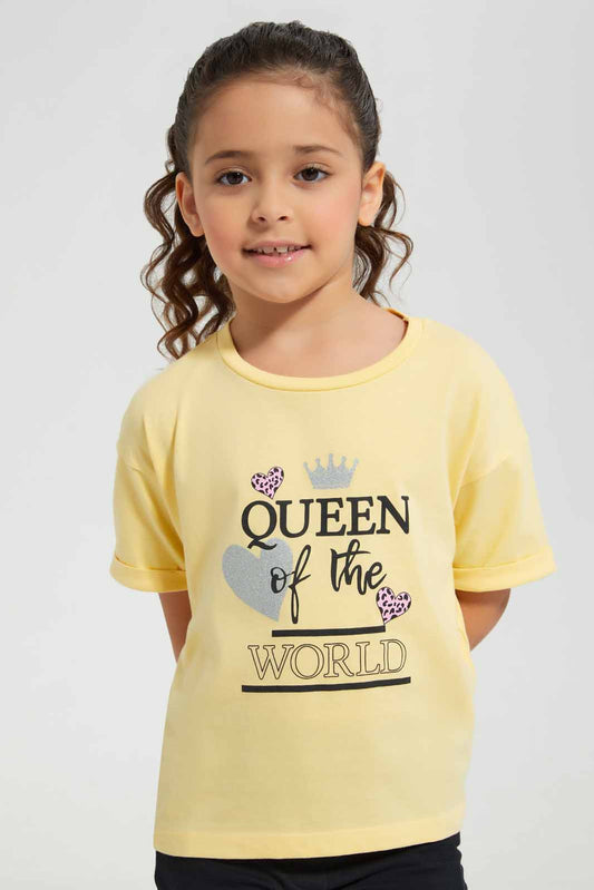 Redtag-Yellow-Boxy-Tee--Queen-Placement-Category:T-Shirts,-Colour:Yellow,-Deals:New-In,-Filter:Girls-(2-to-8-Yrs),-GIR-T-Shirts,-New-In-GIR-APL,-Non-Sale,-Section:Girls-(0-to-14Yrs),-TBL,-W22O-Girls-2 to 8 Years