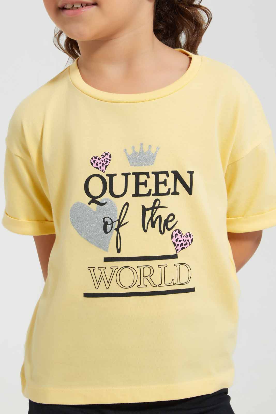 Redtag-Yellow-Boxy-Tee--Queen-Placement-Category:T-Shirts,-Colour:Yellow,-Deals:New-In,-Filter:Girls-(2-to-8-Yrs),-GIR-T-Shirts,-New-In-GIR-APL,-Non-Sale,-Section:Girls-(0-to-14Yrs),-TBL,-W22O-Girls-2 to 8 Years