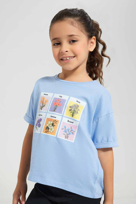 Redtag-Blue-Boxy-Tee---Floral-Placement-Category:T-Shirts,-Colour:Blue,-Deals:New-In,-Filter:Girls-(2-to-8-Yrs),-GIR-T-Shirts,-New-In-GIR-APL,-Non-Sale,-Section:Girls-(0-to-14Yrs),-TBL,-W22O-Girls-2 to 8 Years