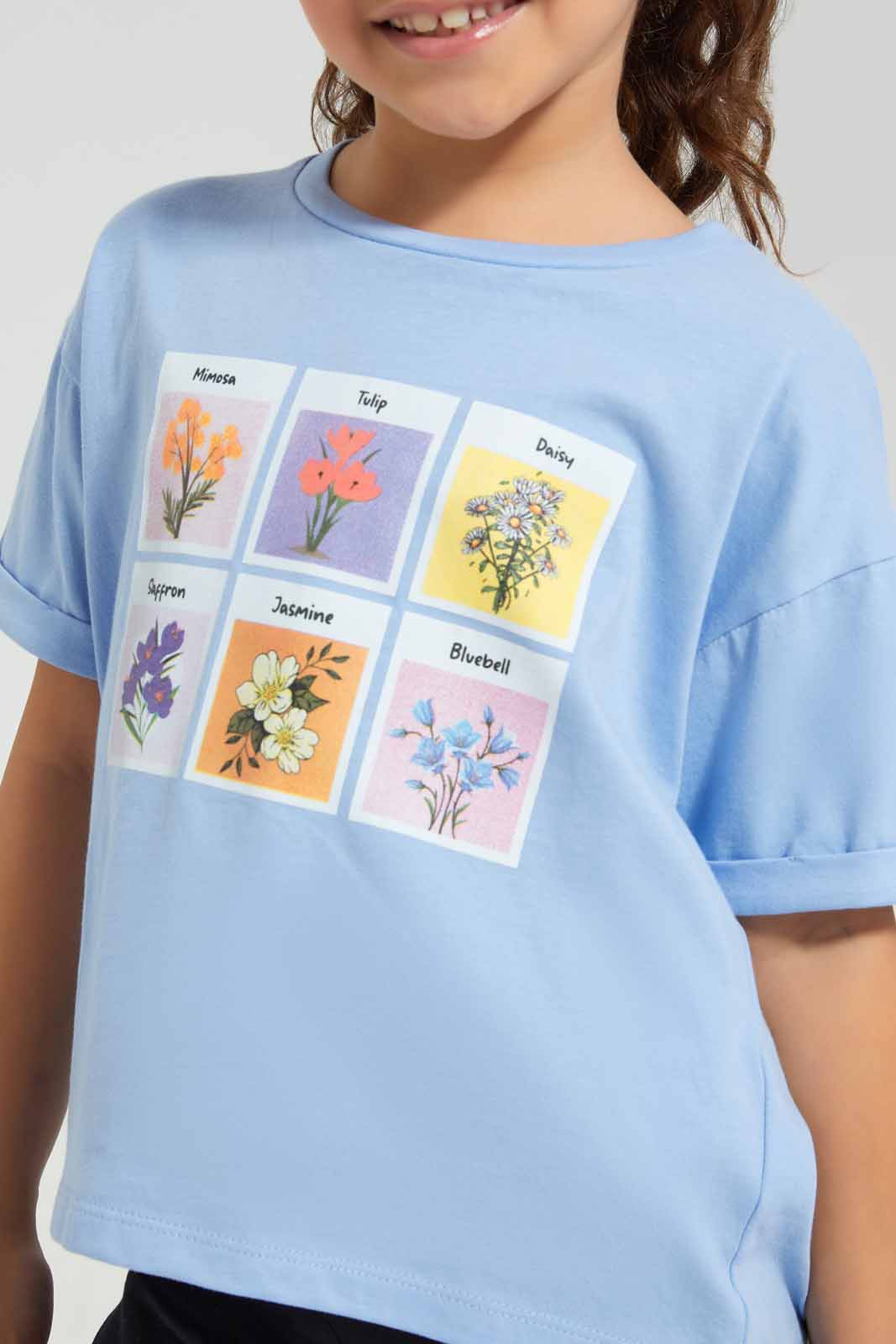 Redtag-Blue-Boxy-Tee---Floral-Placement-Category:T-Shirts,-Colour:Blue,-Deals:New-In,-Filter:Girls-(2-to-8-Yrs),-GIR-T-Shirts,-New-In-GIR-APL,-Non-Sale,-Section:Girls-(0-to-14Yrs),-TBL,-W22O-Girls-2 to 8 Years