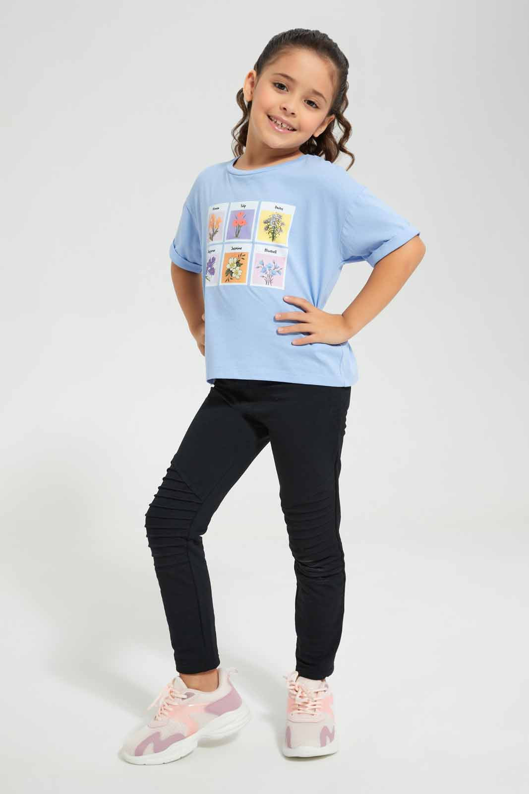Redtag-Blue-Boxy-Tee---Floral-Placement-Category:T-Shirts,-Colour:Blue,-Deals:New-In,-Filter:Girls-(2-to-8-Yrs),-GIR-T-Shirts,-New-In-GIR-APL,-Non-Sale,-Section:Girls-(0-to-14Yrs),-TBL,-W22O-Girls-2 to 8 Years