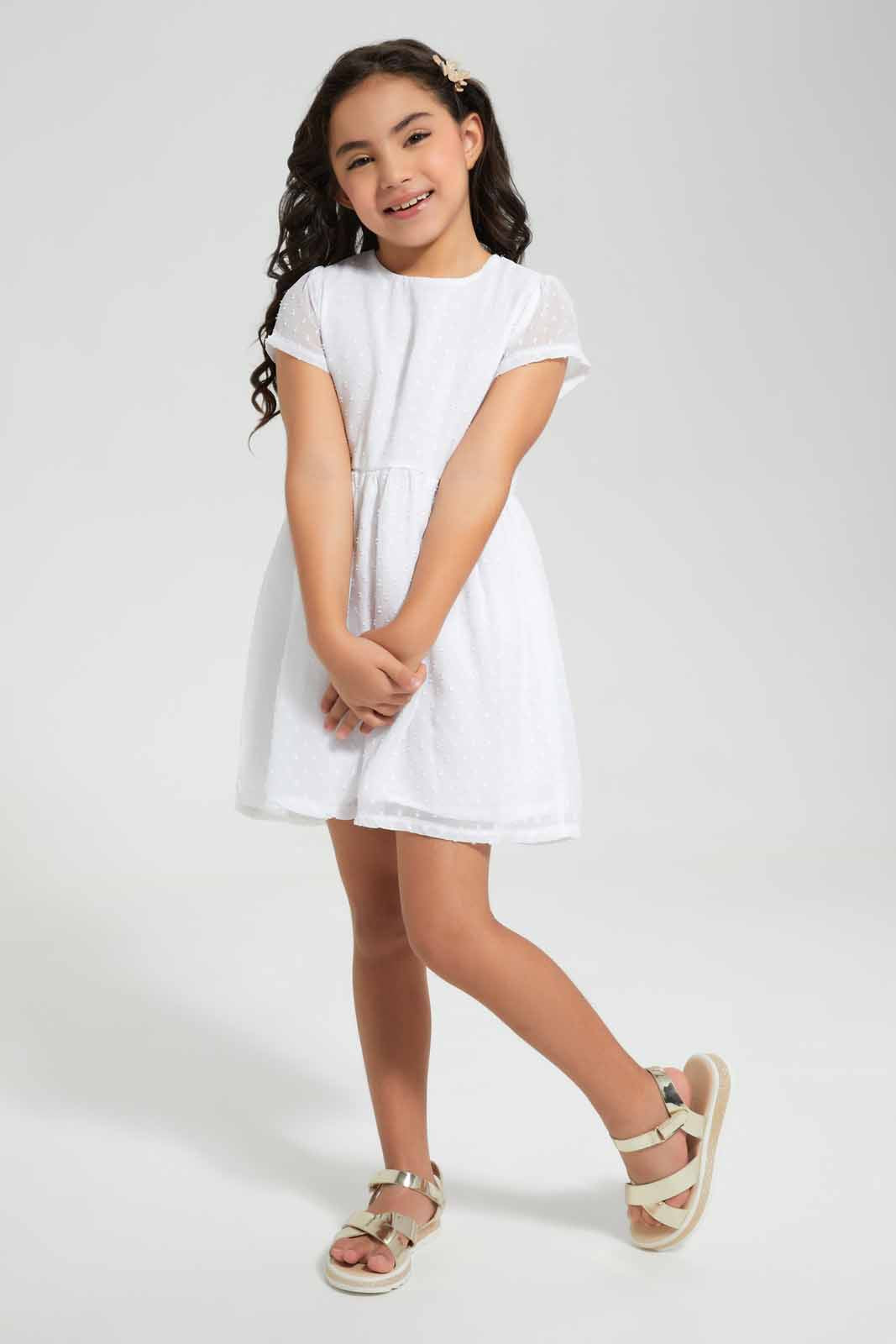 Redtag-White-Dobby-Dress-Category:Dresses,-Colour:White,-Deals:New-In,-Filter:Girls-(2-to-8-Yrs),-GIR-Dresses,-New-In-GIR,-Non-Sale,-Section:Girls-(0-to-14Yrs),-W22O-Girls-2 to 8 Years