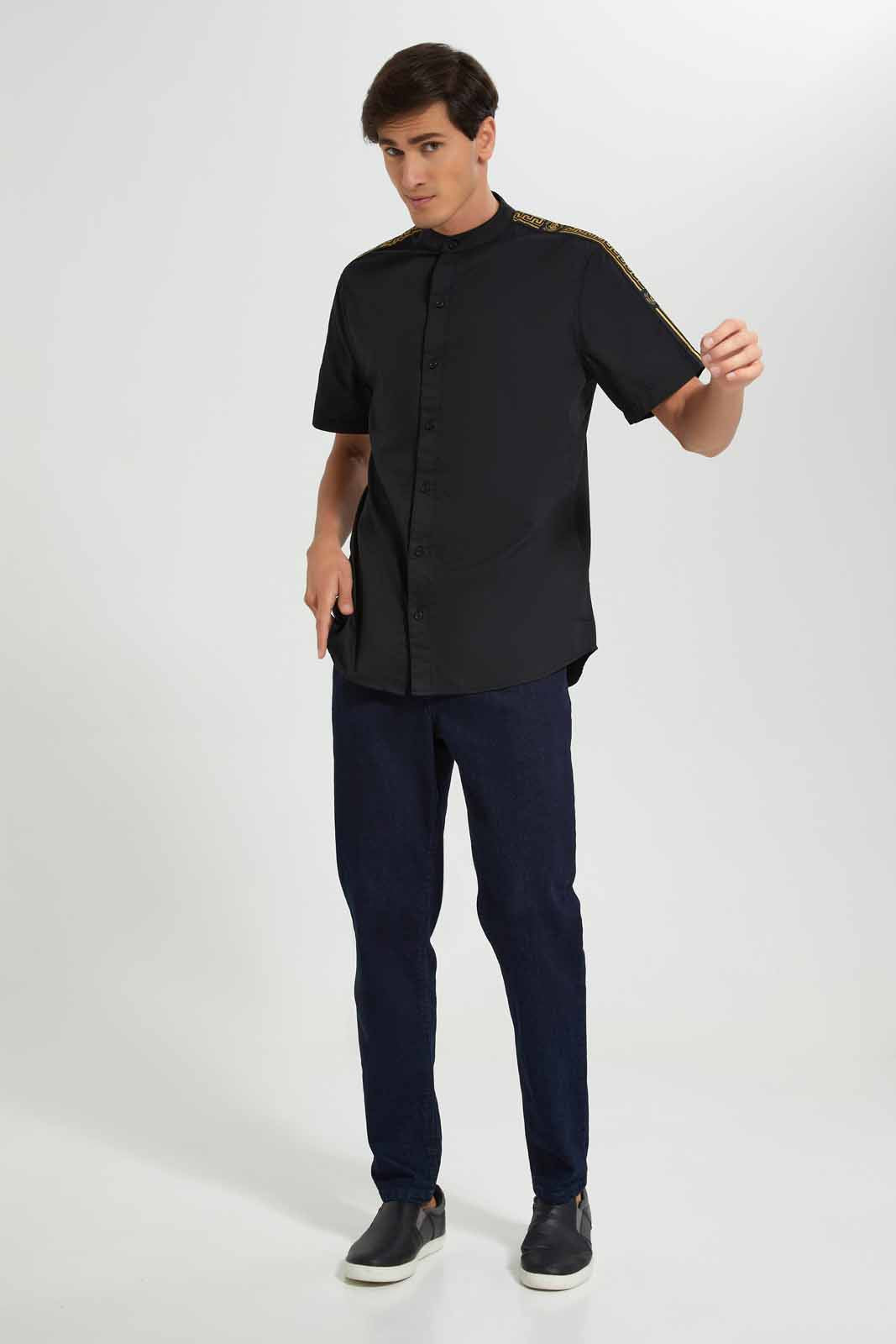 Redtag-Black-S/S-Shirt-With-Shoulder-Tape-Category:Shirts,-Colour:Black,-Deals:New-In,-Filter:Men's-Clothing,-Men-Shirts,-New-In-Men-APL,-Non-Sale,-Section:Men,-W22O-Men's-