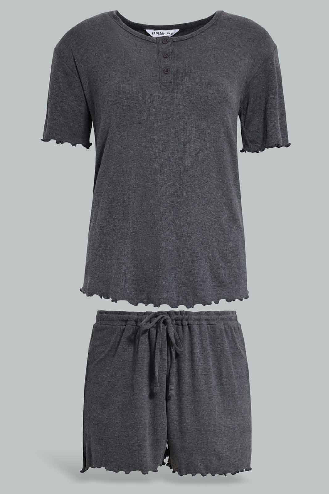 Redtag-Charcoal-Melange-Shortsleeves-With-Short-Pajama-Set-Category:Pyjama-Sets,-Colour:Charcoal,-Deals:New-In,-Filter:Women's-Clothing,-New-In-Women-APL,-Non-Sale,-Section:Women,-W22O,-Women-Pyjama-Sets--