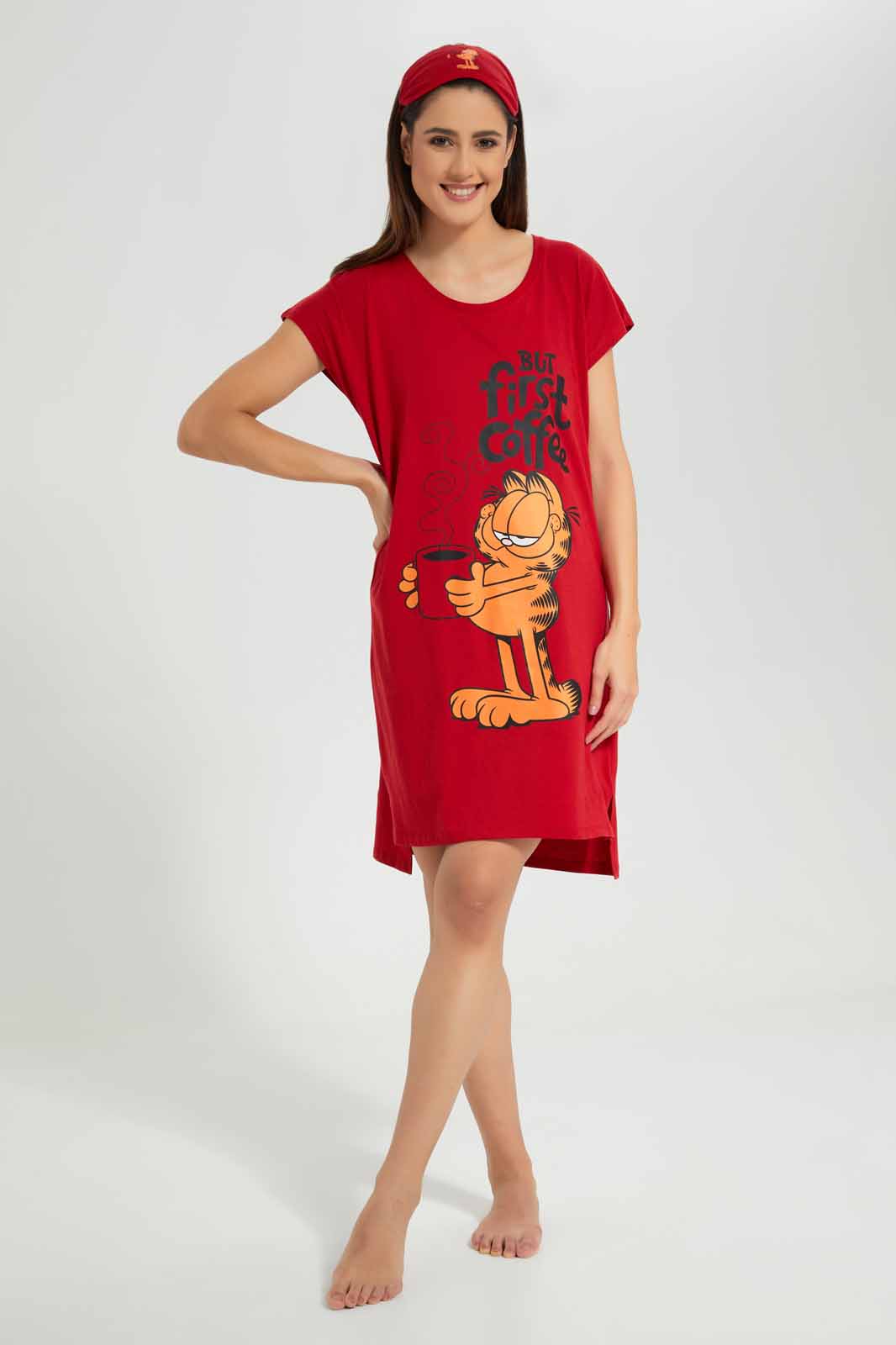 Redtag-Red-Ladies-Night-Dress-With-Eye-Mask-Category:Nightshirts,-CHR,-Colour:Red,-Deals:New-In,-Filter:Women's-Clothing,-New-In-Women-APL,-Non-Sale,-Section:Women,-W22O,-Women-Nightshirts--
