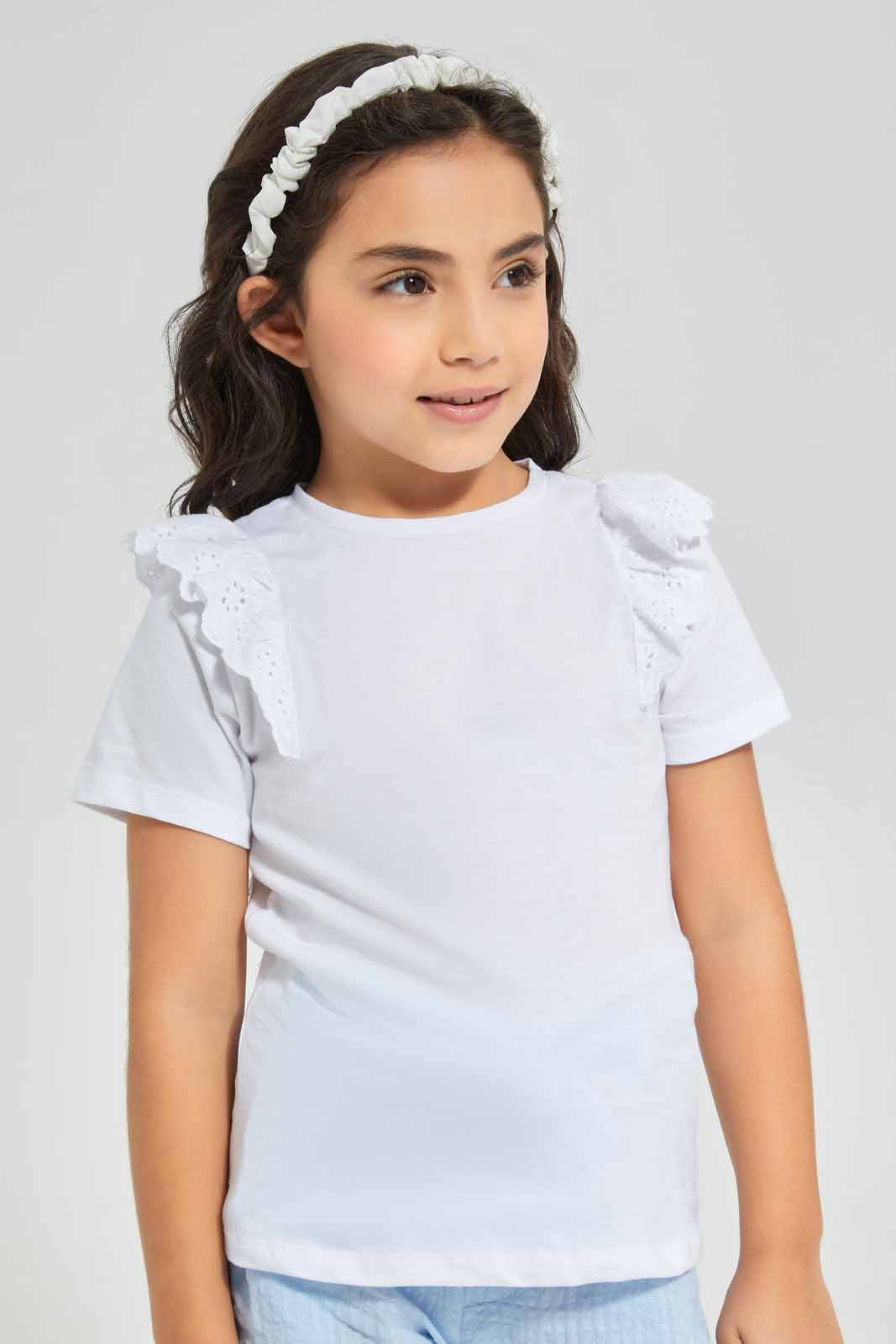 Redtag-White-Anglaise-Ruffle-T-Shirt---Category:T-Shirts,-Colour:White,-Deals:New-In,-Filter:Girls-(2-to-8-Yrs),-GIR-T-Shirts,-New-In-GIR,-Non-Sale,-Section:Girls-(0-to-14Yrs),-TBL,-W22O-Girls-2 to 8 Years