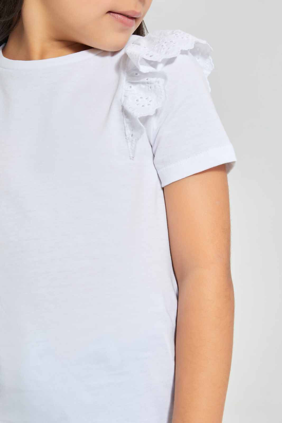 Redtag-White-Anglaise-Ruffle-T-Shirt---Category:T-Shirts,-Colour:White,-Deals:New-In,-Filter:Girls-(2-to-8-Yrs),-GIR-T-Shirts,-New-In-GIR,-Non-Sale,-Section:Girls-(0-to-14Yrs),-TBL,-W22O-Girls-2 to 8 Years