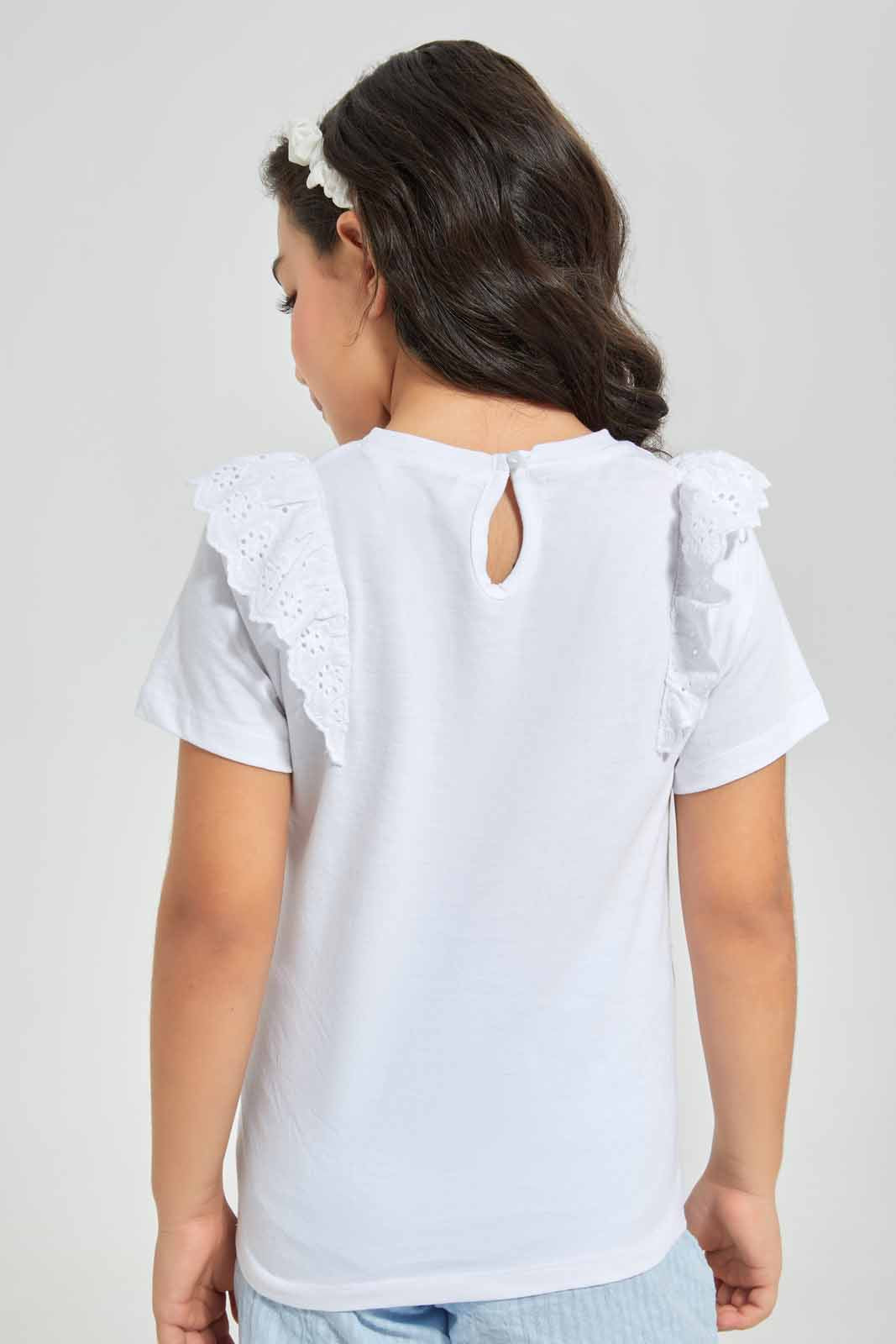 Redtag-White-Anglaise-Ruffle-T-Shirt---Category:T-Shirts,-Colour:White,-Deals:New-In,-Filter:Girls-(2-to-8-Yrs),-GIR-T-Shirts,-New-In-GIR,-Non-Sale,-Section:Girls-(0-to-14Yrs),-TBL,-W22O-Girls-2 to 8 Years