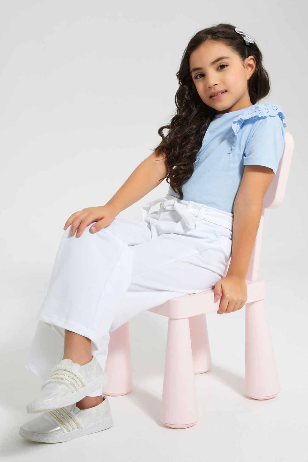 Redtag-Blue-Anglaise-Ruffle-T-Shirt---Blue-Heart-Category:T-Shirts,-Colour:Blue,-Deals:New-In,-Filter:Girls-(2-to-8-Yrs),-GIR-T-Shirts,-New-In-GIR,-Non-Sale,-Section:Girls-(0-to-14Yrs),-TBL,-W22O-Girls-2 to 8 Years