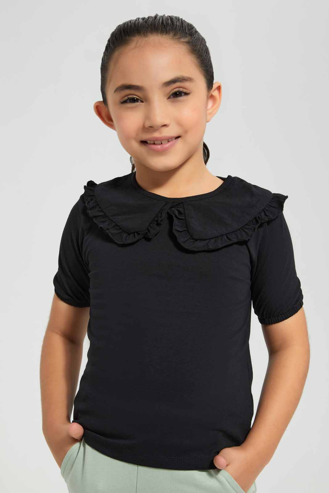 Redtag-Black-Peter-Pan-Collar-Fashion-T-Shirt---Category:T-Shirts,-Colour:Black,-Deals:New-In,-Filter:Girls-(2-to-8-Yrs),-GIR-T-Shirts,-New-In-GIR,-Non-Sale,-Section:Girls-(0-to-14Yrs),-TBL,-W22O-Girls-2 to 8 Years