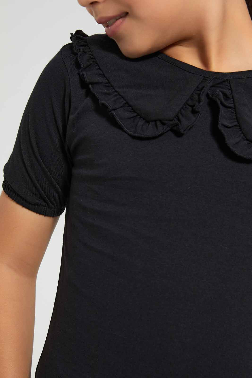 Redtag-Black-Peter-Pan-Collar-Fashion-T-Shirt---Category:T-Shirts,-Colour:Black,-Deals:New-In,-Filter:Girls-(2-to-8-Yrs),-GIR-T-Shirts,-New-In-GIR,-Non-Sale,-Section:Girls-(0-to-14Yrs),-TBL,-W22O-Girls-2 to 8 Years