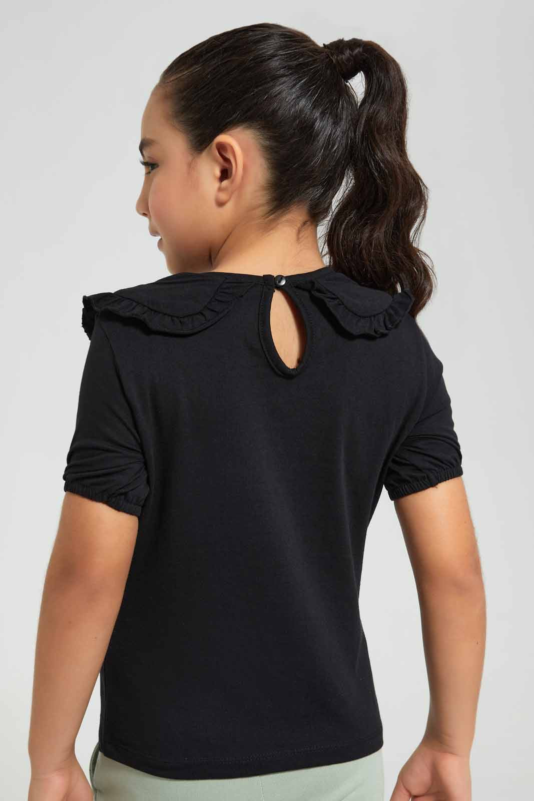 Redtag-Black-Peter-Pan-Collar-Fashion-T-Shirt---Category:T-Shirts,-Colour:Black,-Deals:New-In,-Filter:Girls-(2-to-8-Yrs),-GIR-T-Shirts,-New-In-GIR,-Non-Sale,-Section:Girls-(0-to-14Yrs),-TBL,-W22O-Girls-2 to 8 Years