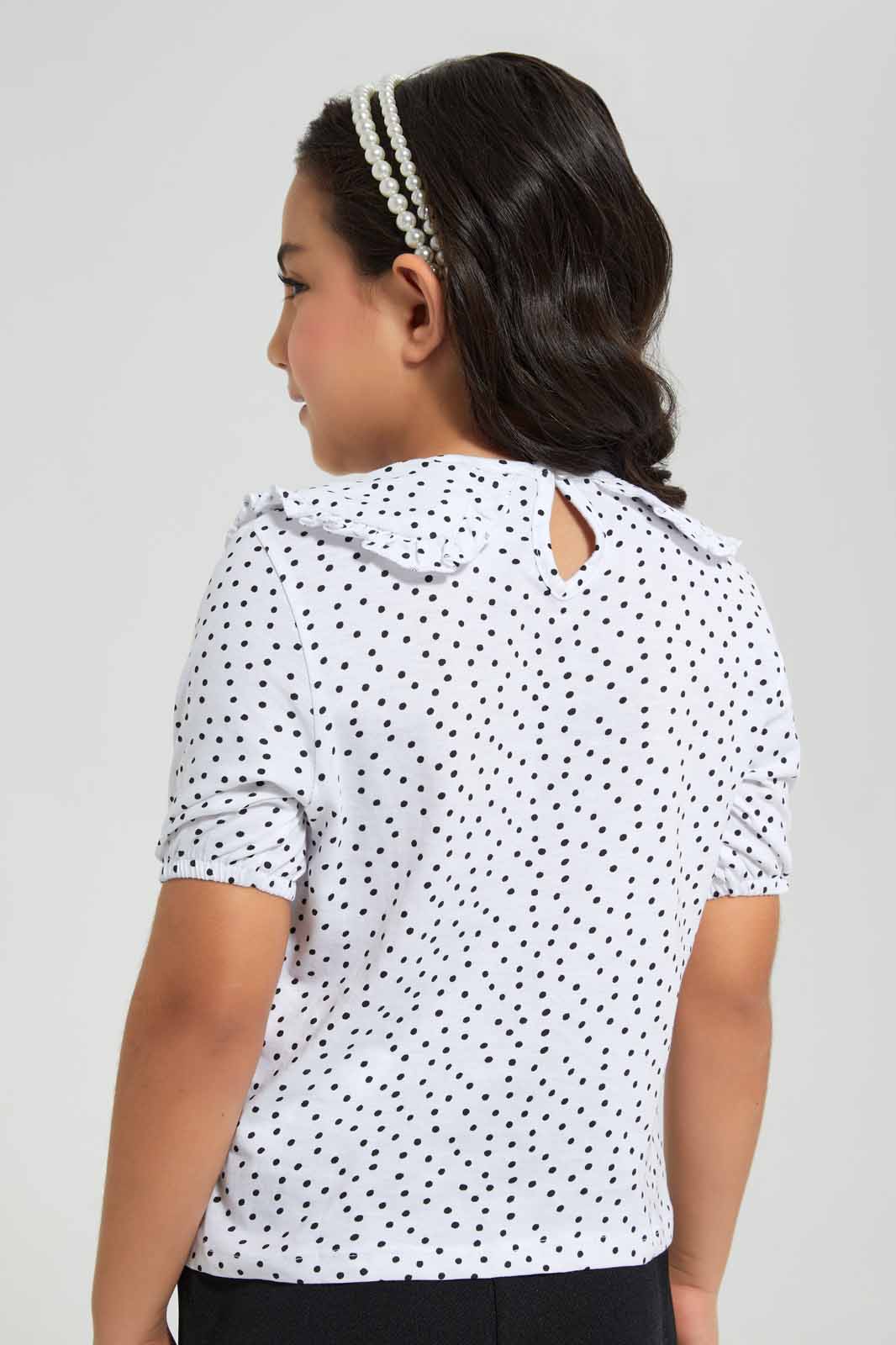 Redtag-White-Peter-Pan-Collar-Fashion-T-Shirt--White-Spot-Category:T-Shirts,-Colour:White,-Deals:New-In,-Filter:Girls-(2-to-8-Yrs),-GIR-T-Shirts,-New-In-GIR,-Non-Sale,-Section:Girls-(0-to-14Yrs),-TBL,-W22O-Girls-2 to 8 Years