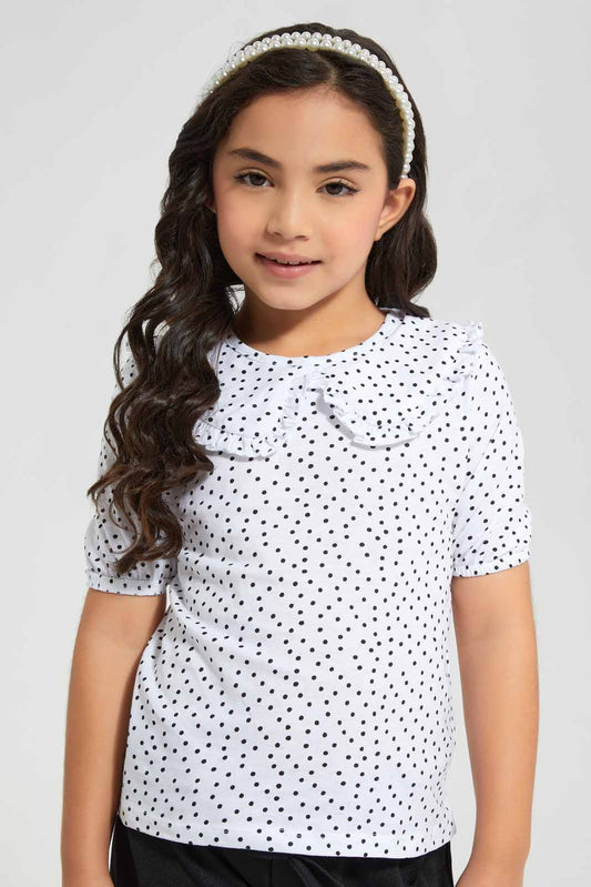 Redtag-White-Peter-Pan-Collar-Fashion-T-Shirt--White-Spot-Category:T-Shirts,-Colour:White,-Deals:New-In,-Filter:Girls-(2-to-8-Yrs),-GIR-T-Shirts,-New-In-GIR,-Non-Sale,-Section:Girls-(0-to-14Yrs),-TBL,-W22O-Girls-2 to 8 Years