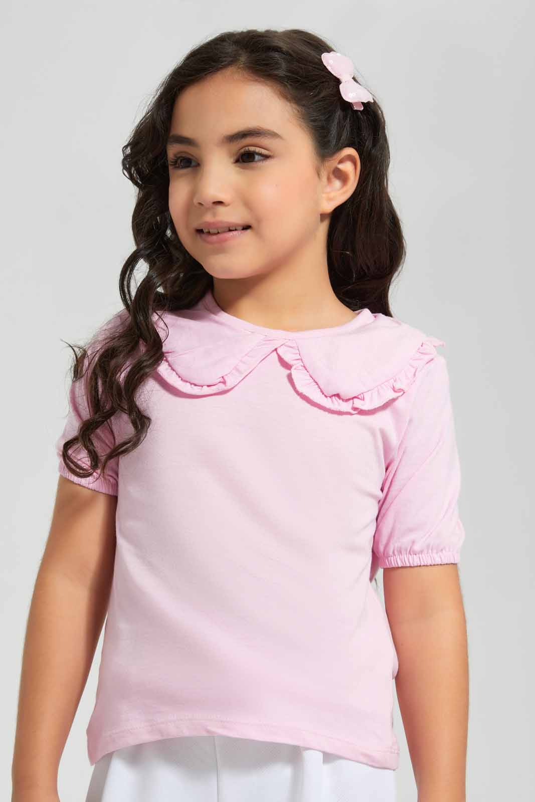 Redtag-Pink-Peter-Pan-Collar-Fashion-T-Shirt--Pink-Category:T-Shirts,-Colour:Apricot,-Deals:New-In,-Filter:Girls-(2-to-8-Yrs),-GIR-T-Shirts,-New-In-GIR,-Non-Sale,-Section:Girls-(0-to-14Yrs),-TBL,-W22O-Girls-2 to 8 Years