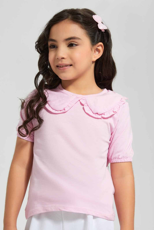 Redtag-Pink-Peter-Pan-Collar-Fashion-T-Shirt--Pink-Category:T-Shirts,-Colour:Apricot,-Deals:New-In,-Filter:Girls-(2-to-8-Yrs),-GIR-T-Shirts,-New-In-GIR,-Non-Sale,-Section:Girls-(0-to-14Yrs),-TBL,-W22O-Girls-2 to 8 Years
