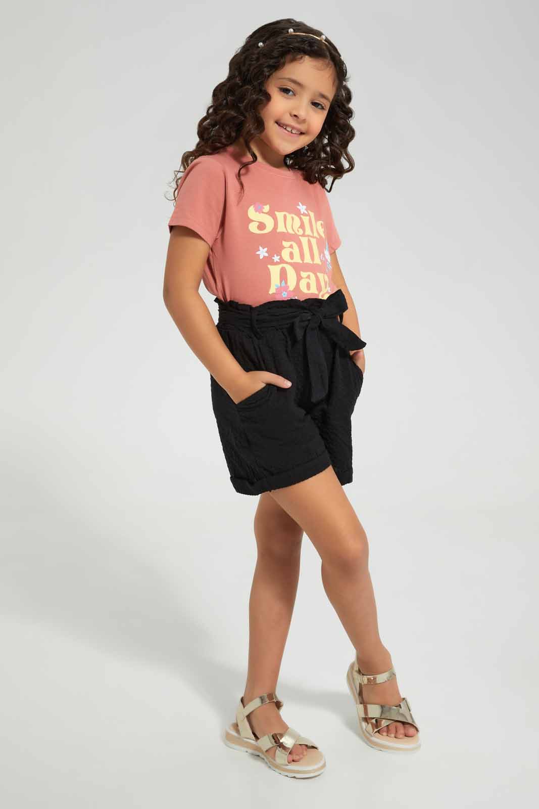 Redtag-Black-Seersucker-Short--Category:Shorts,-Colour:Black,-Deals:New-In,-Filter:Girls-(2-to-8-Yrs),-GIR-Shorts,-New-In-GIR-APL,-Non-Sale,-Section:Girls-(0-to-14Yrs),-TBL,-W22O-Girls-2 to 8 Years