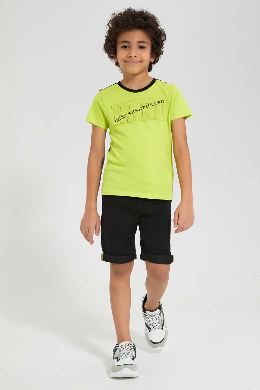 Redtag-Green-Neon-Embossed-T-Shirt-And-Knit-Denim-Shorts-Set-BOY-Sets,-Category:Sets,-Colour:Green,-Deals:New-In,-Filter:Boys-(2-to-8-Yrs),-New-In-BOY,-Non-Sale,-Section:Boys-(0-to-14Yrs),-W22O-Boys-2 to 8 Years
